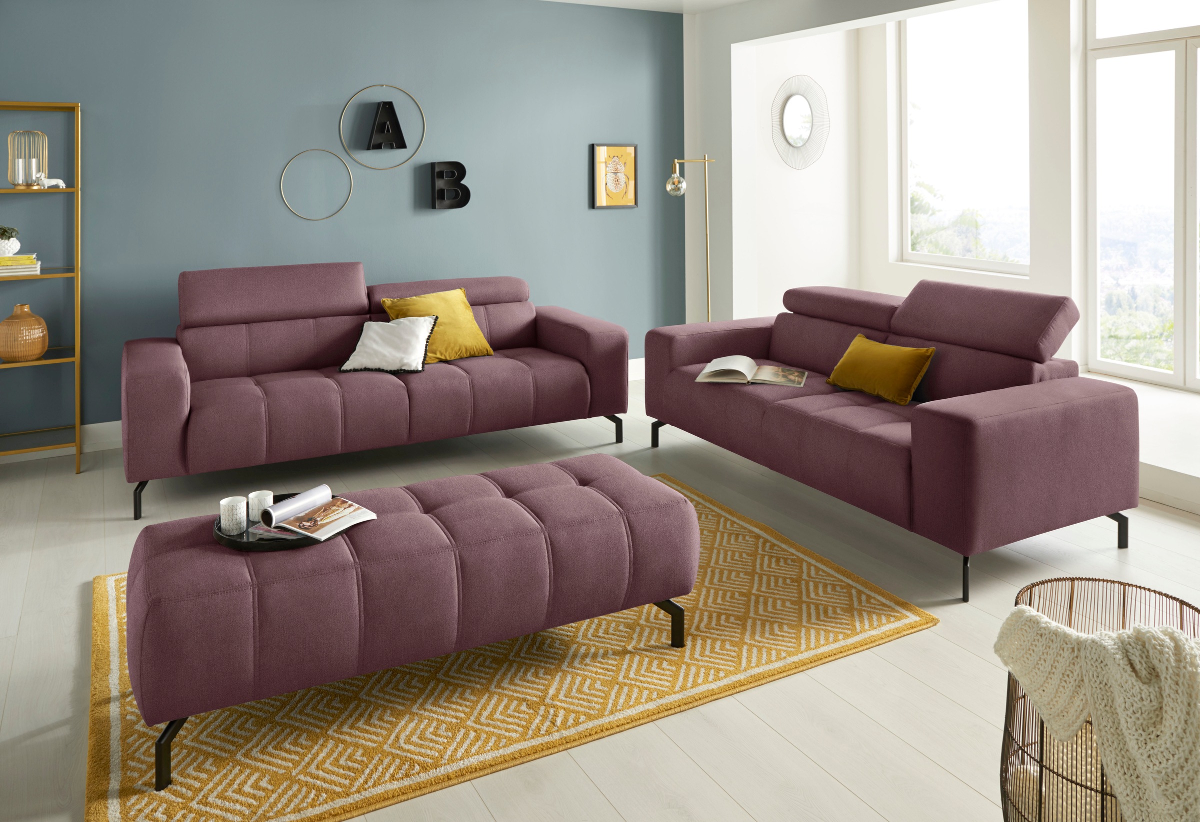 DOMO collection 2-Sitzer »Cunelli zeitlos und elegant, moderne Sitznähte als Designelement,«, wahlweise mit 6-fach verstellbaren Kopfteilen, fester Sitzkomfort