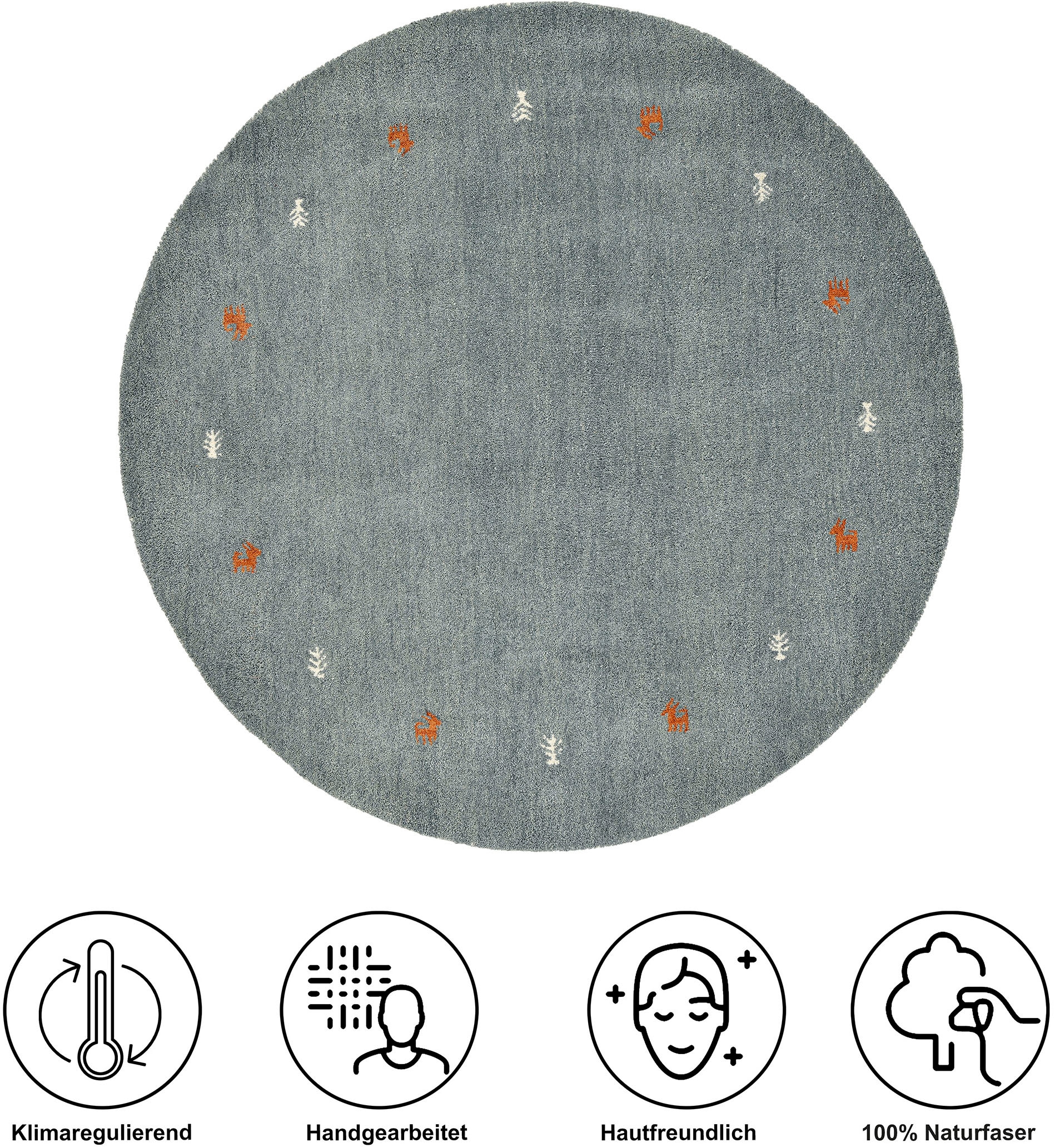 THEKO Wollteppich »Gabbeh Motiv, Handweb Teppich, Tiermotiv, reine Wolle, handgewebt«, rund, 14 mm Höhe, reine Wolle, handgewebt, Wohnzimmer, Schlafzimmer, Esszimmer