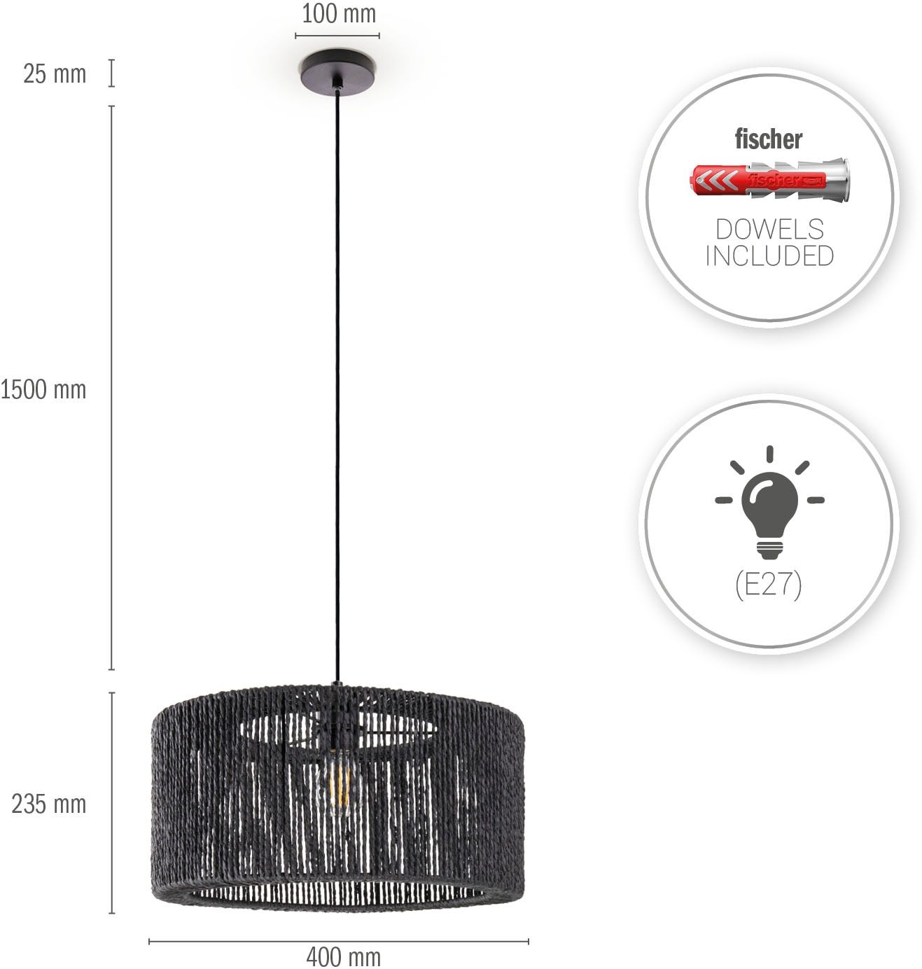Paco Home Pendelleuchte »Hugo Reyna«, Leuchtmittel E27 | ohne Leuchtmittel, Wohnzimmer Rattan Optik Esszimmer Boho Lampenschirm Papier Groß