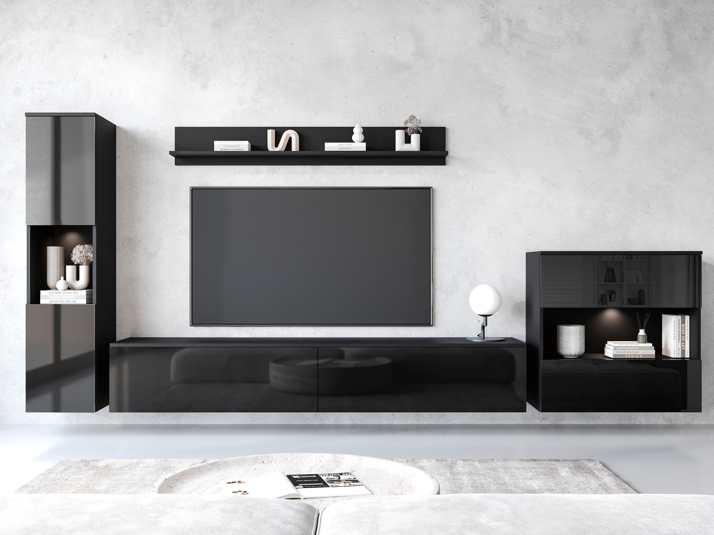 INOSIGN Wohnwand »PARIS«, (Komplett-Set, 4 St.), TV-Wand 300cm breite, grifflose Design, stehend und hängend montierbar