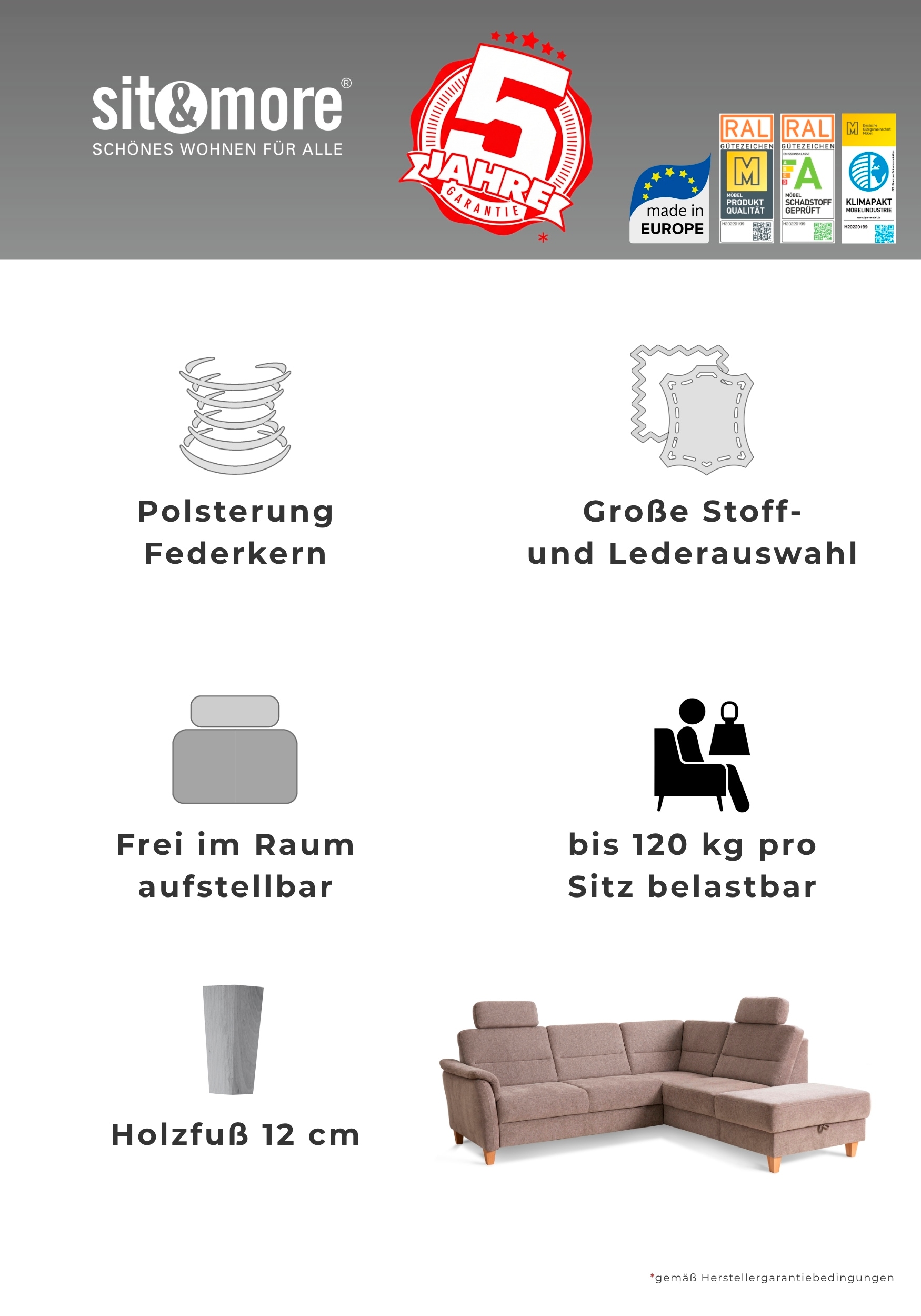 Home affaire Wohnlandschaft »Palmera U-Form, B: 308 cm, große Stoff + Leder Auswahl« optional Schlaffunktion & Bettkasten, Federkern, XXL-Wohnlandschaft