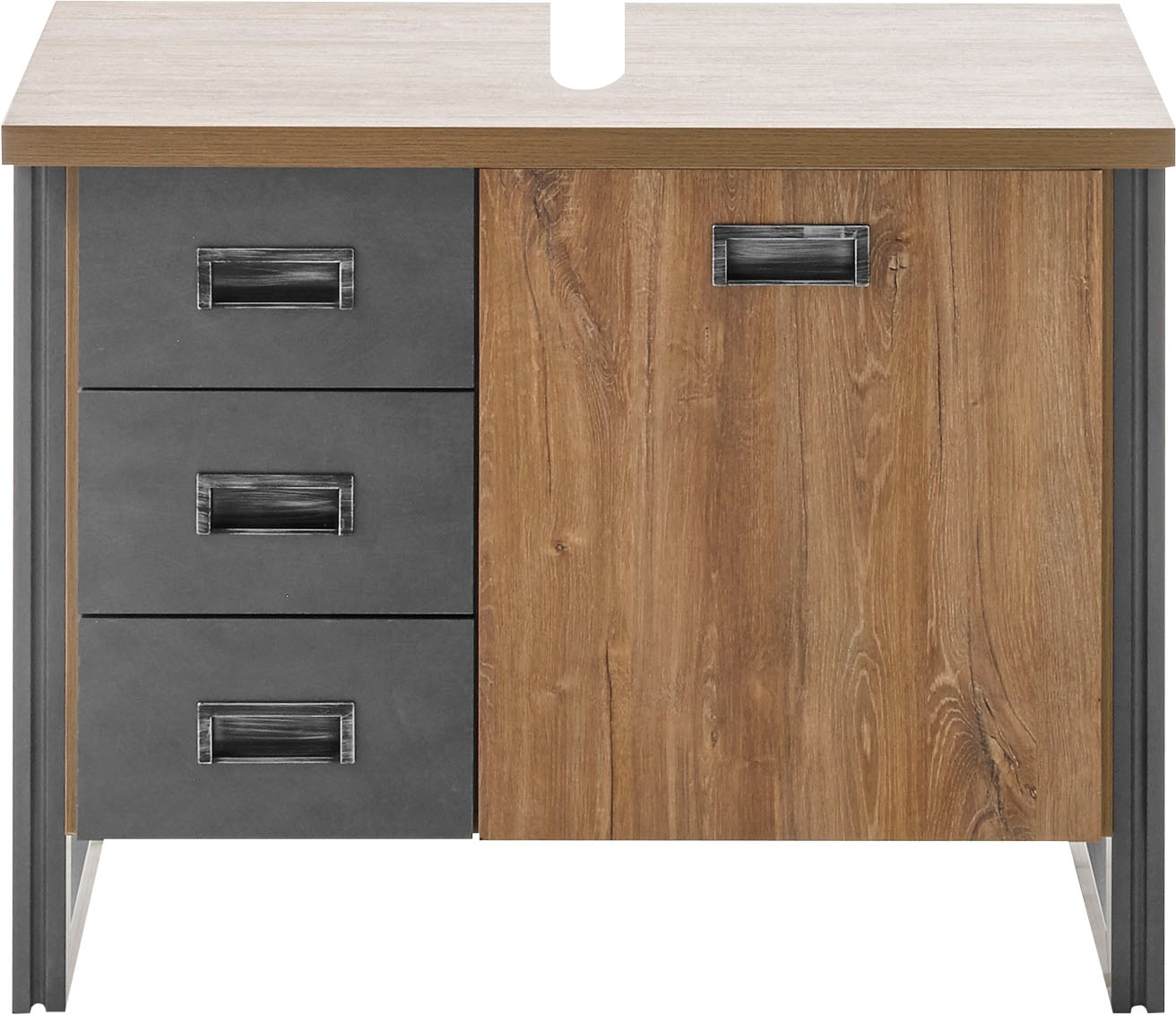 Home affaire Waschbeckenunterschrank »Detroit, Waschtisch mit Apothekergriff, Badschrank im Industrialdesign«, Eiche Dekor, mit Schubladen & Stauraum, Breite 81 cm