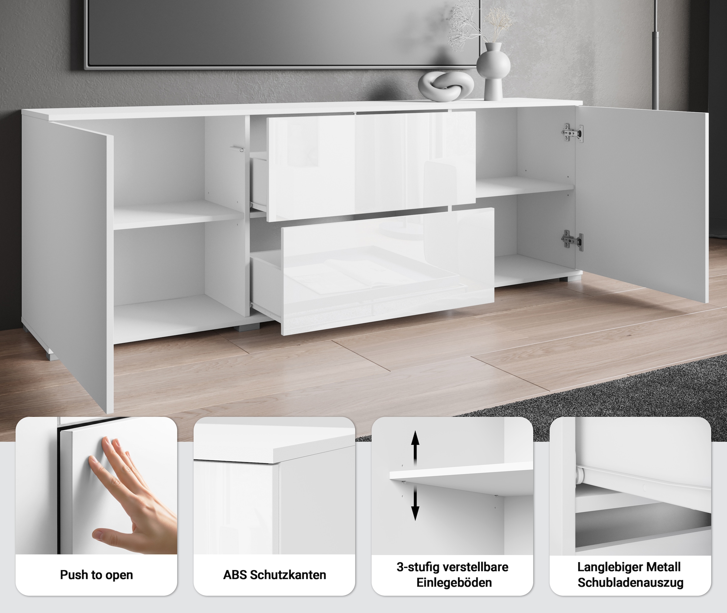 OTTO home Lowboard »Kenia« 1 Stk. tlg. 2 Türen, 2 Schubladen, Breite 180 cm, höhenverstellbare Einlegeböden