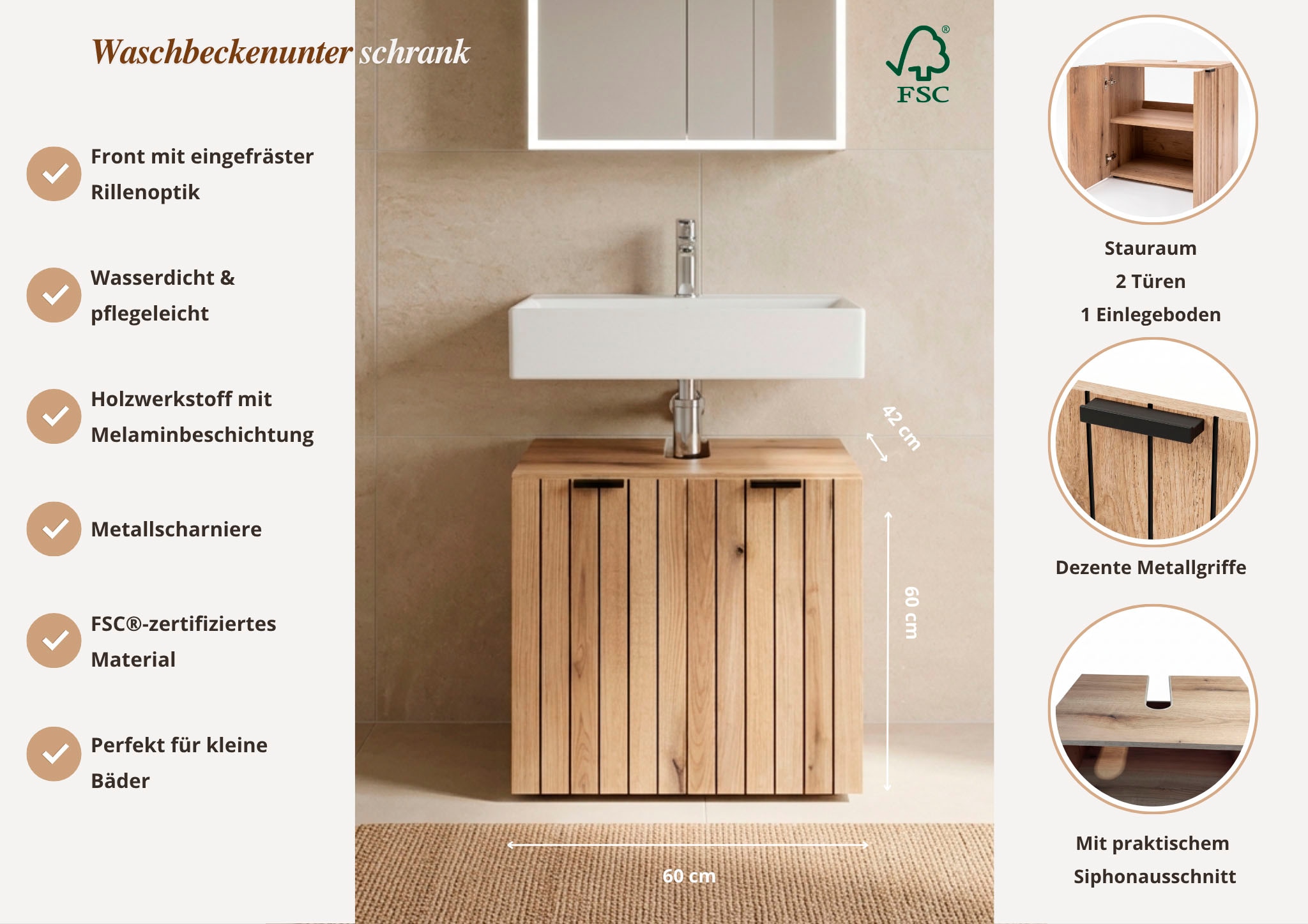 OTTO home Waschbeckenunterschrank »Baltrum« Breite 60 cm dekorative Lamellenoptik