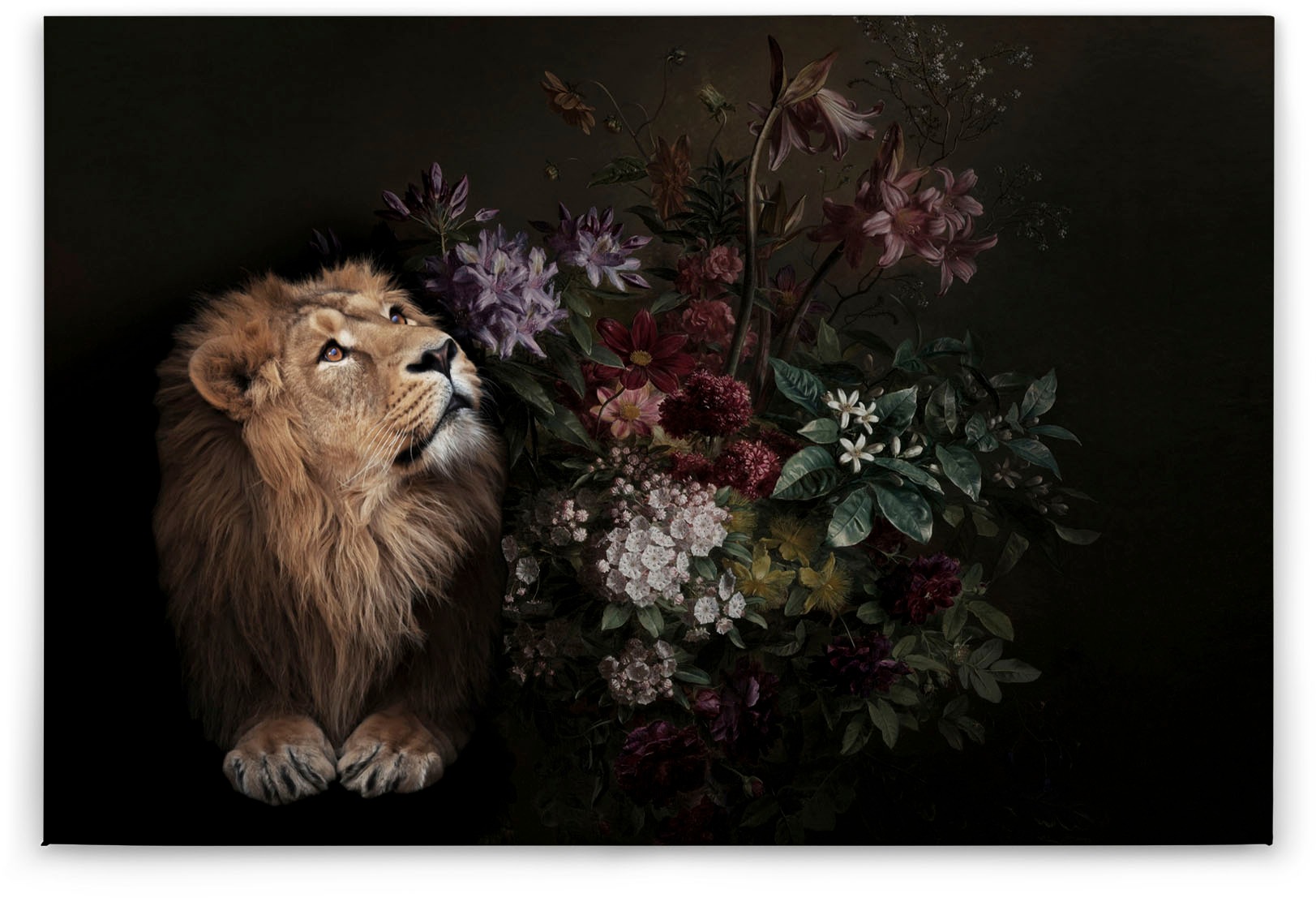 Bricoflor Canvas Leinwand Mit Löwe Ausgefallenes Wandbild Mit Blumen Im Sti günstig online kaufen