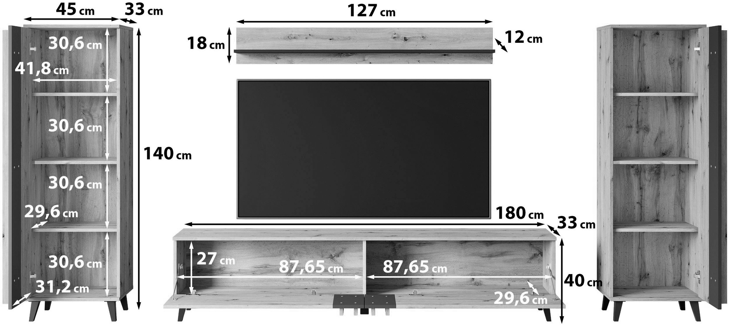 INOSIGN Wohnwand »Helsinki, Modernes Set mit verglaster Vitrine«, (Komplett-Set, 4 St.), mit lamellengriffen, verstellbaren Einlegeböden und Kunststofffüßen