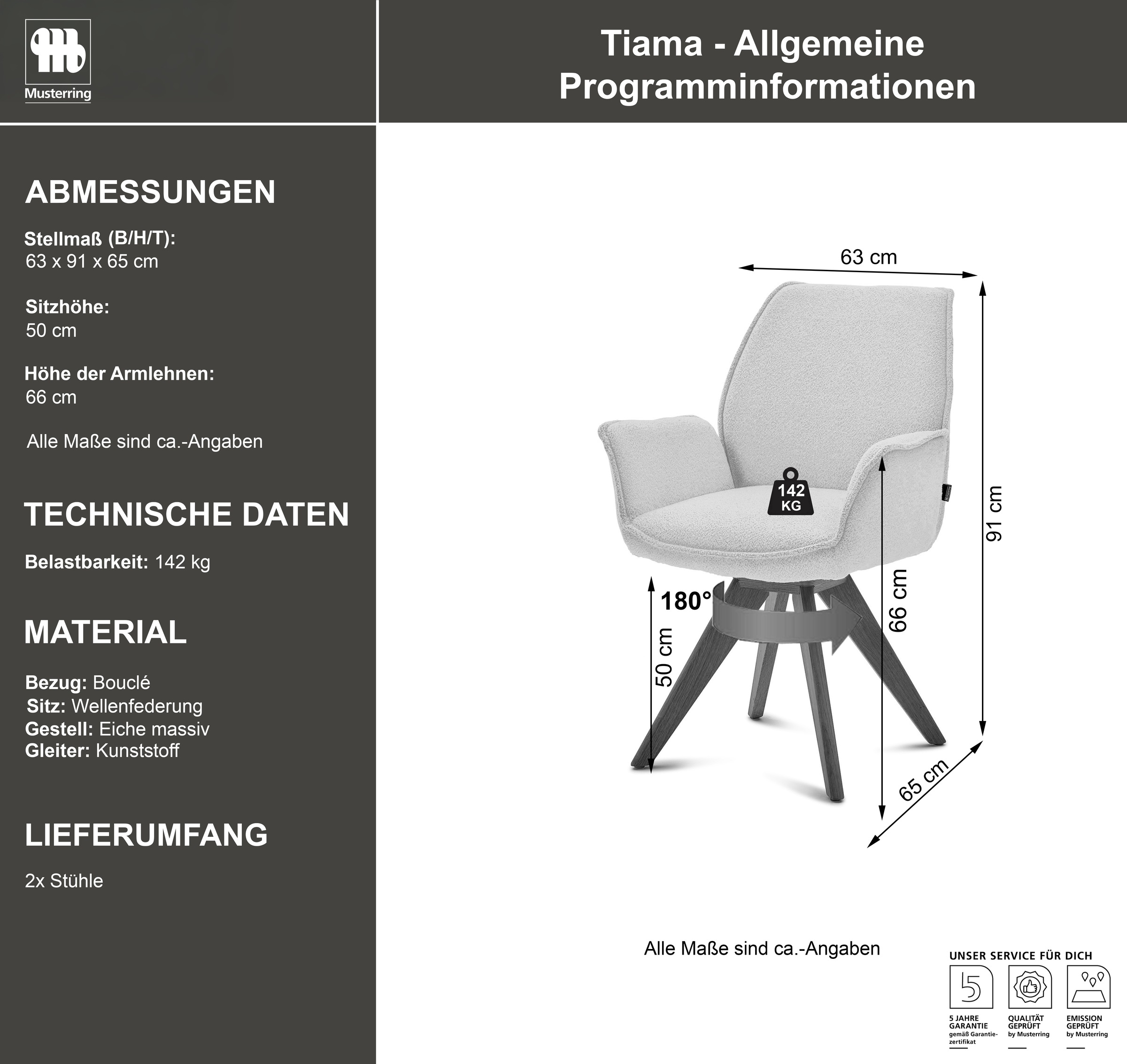 Musterring Esszimmerstuhl »Tiama«, (Set), 2 St., Bouclé, Stativgestell Eiche massiv, 180° drehbar, Stoff Cord oder Bouclé