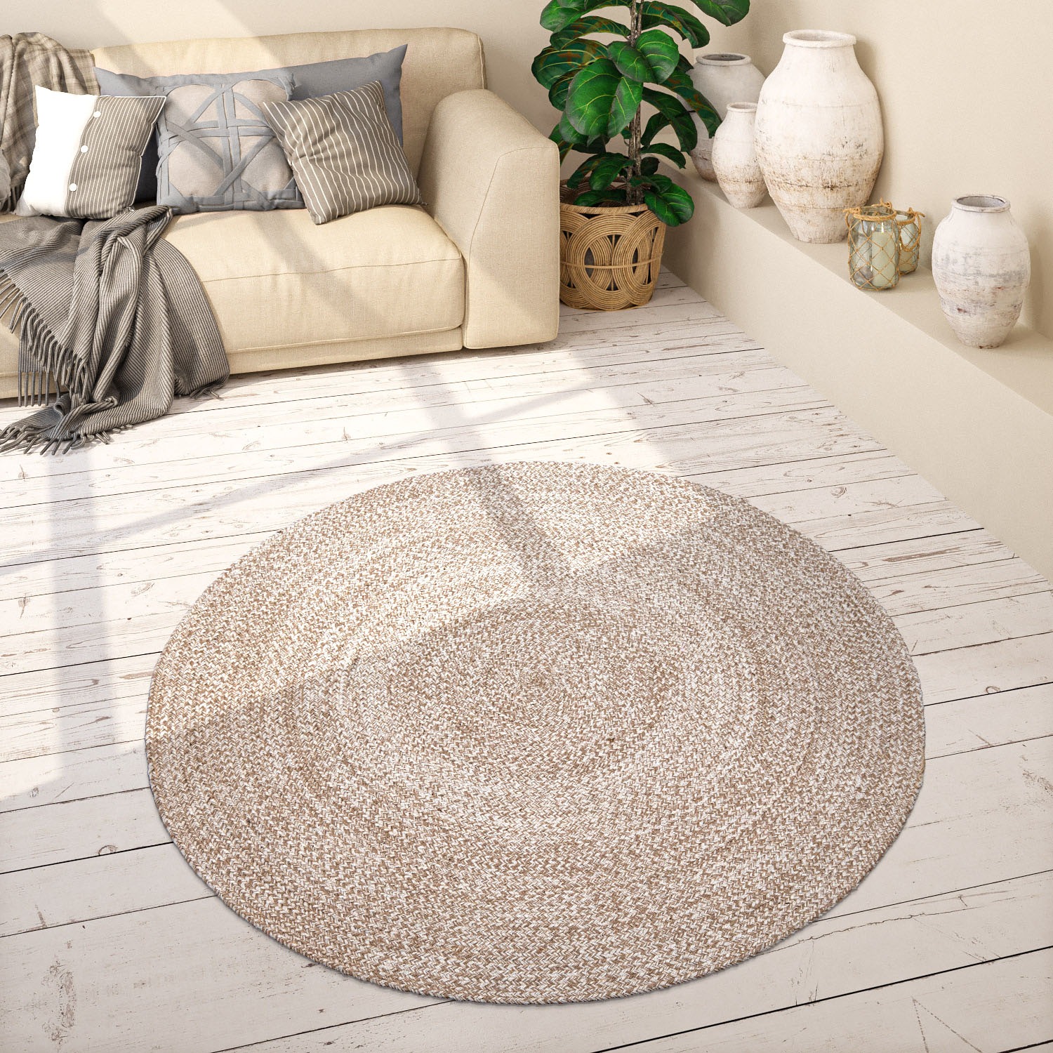 Paco Home Teppich »Viborg 595«, rund, 13 mm Höhe, Jute, Modern, Boho, Handgefertigter Natur-Teppich
