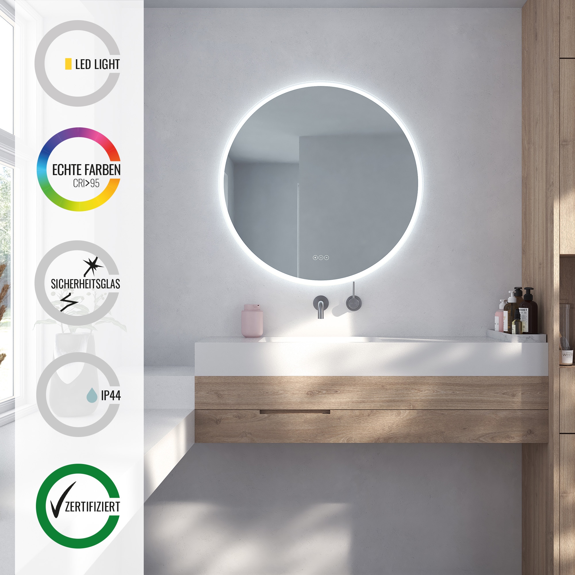 Loevschall Badspiegel »Aalborg LED renergiesparender Spegel, rund, Touchsteuerung,«, (1 St., Lichtspiegel, stilvolles Bad-Ambiente), MultiiWhite®, stufenlos dimmbar, in mehreren Größen erhältlich