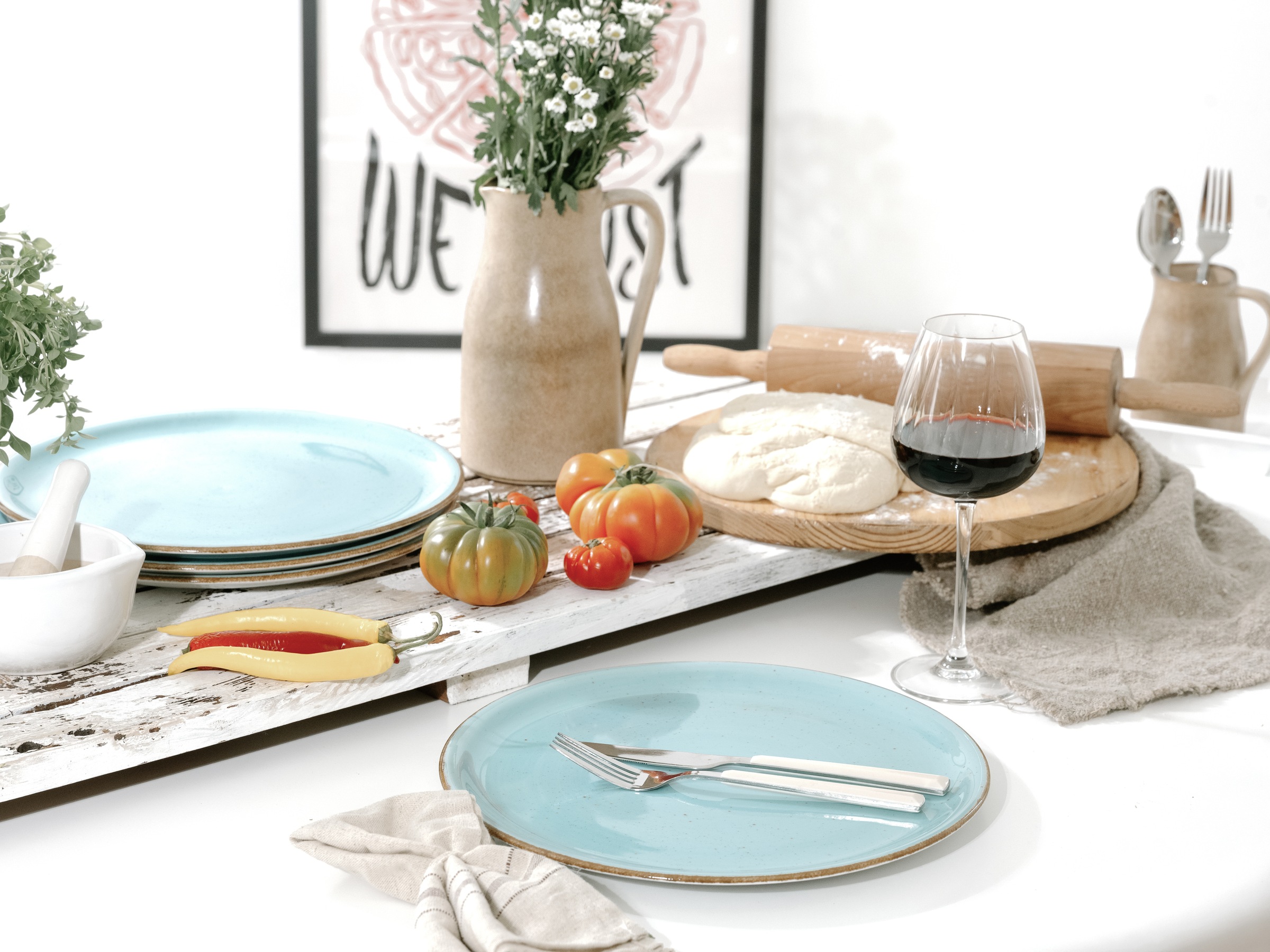 CreaTable Pizzateller »Vintage Nature, Pizzateller 33 cm 4-tlg«, (Set, 4 St.), Handgemalt, Gesprenkelt, Rustikales Außenband