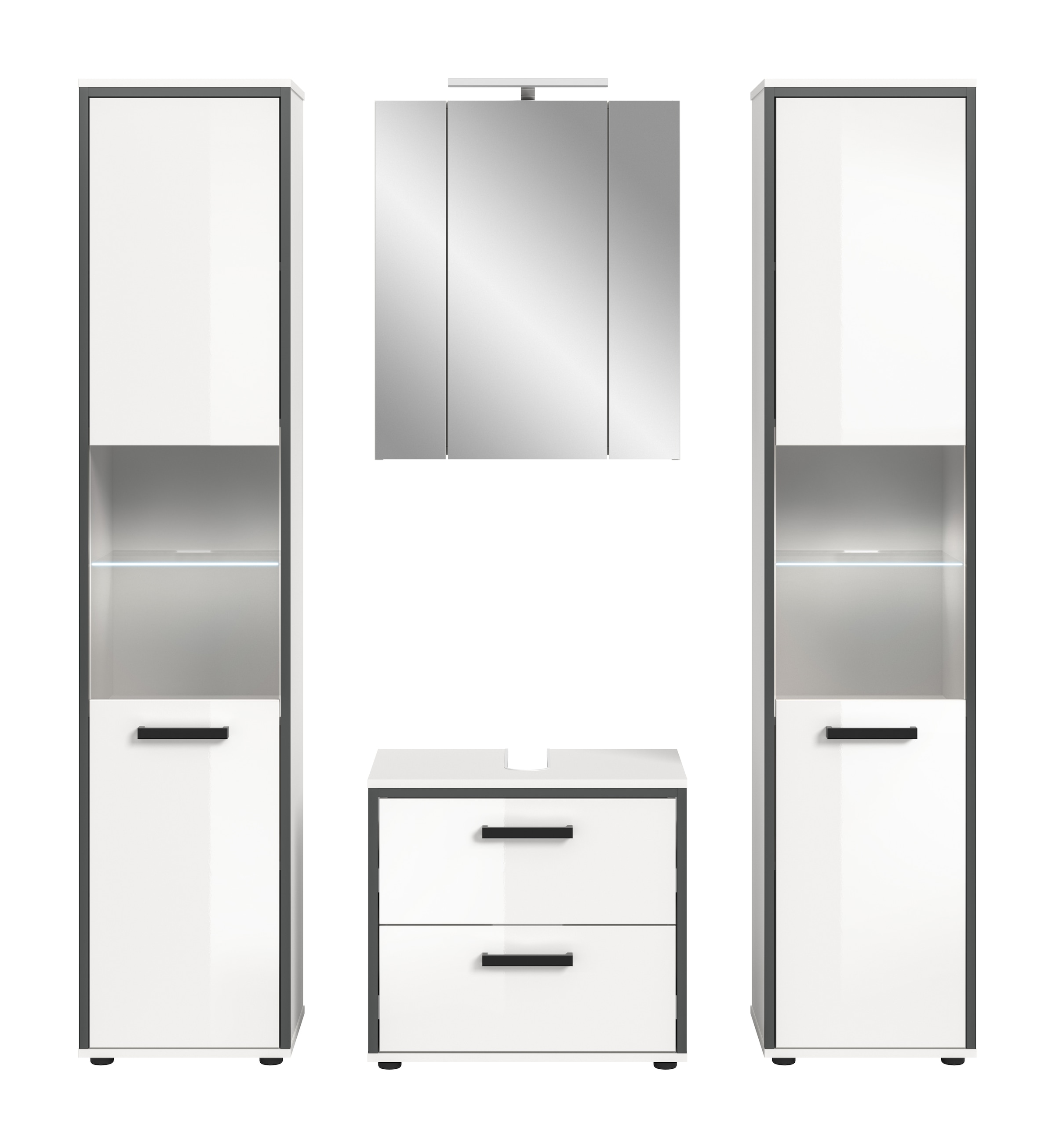 welltime Badmöbel-Set »KAJO, 4-tlg. Badkombination, weiß hochglanz inkl.Beleuchtung« Set, Set, best. aus: 2 Hochschränken,WBU,Spiegelschrank,Beleuchtung, 7 Stk. tlg.
