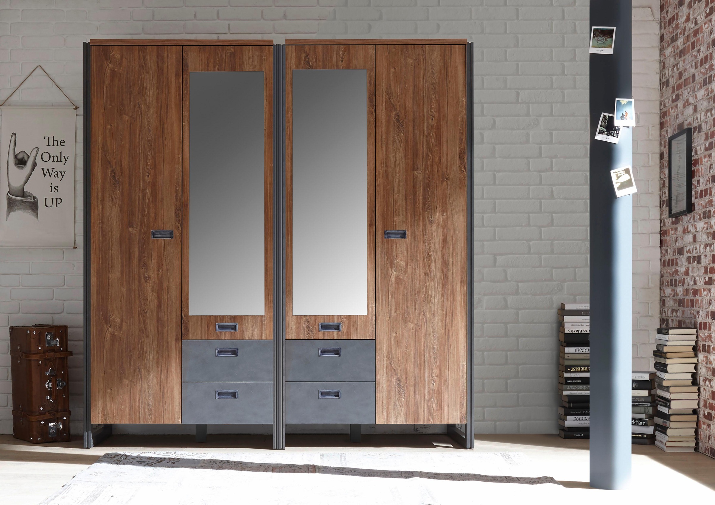 Home affaire Drehtürenschrank »Detroit Schubladen in Schieferoptik, Metallgriffe«, Kleiderschrank mit Spiegel Garderobe in den Breiten: 99/143 oder 232cm