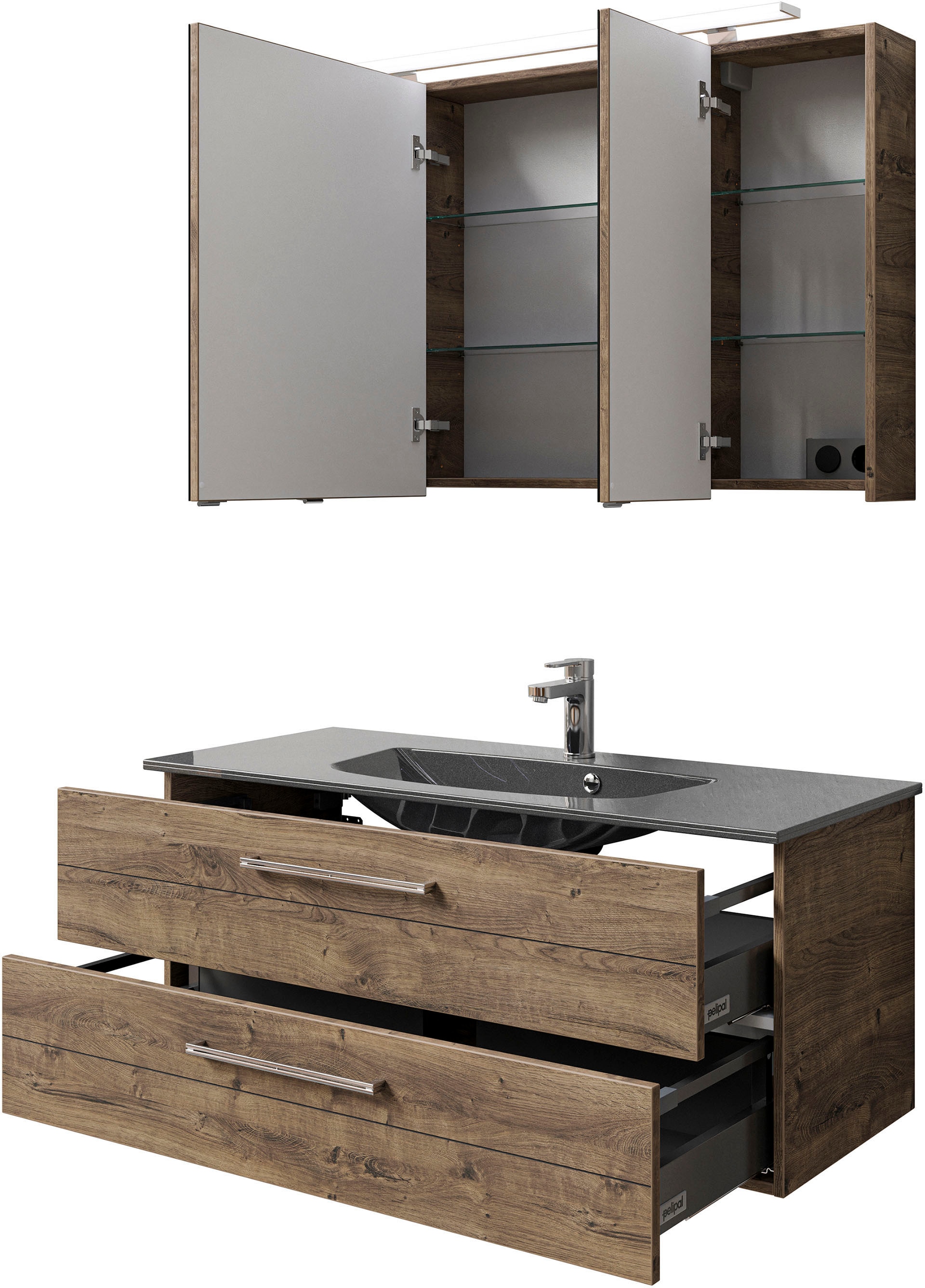 Saphir Badmöbel-Set »Serie 6025 2-teilig Mineralmarmor-Waschtisch mit LED-Spiegelschrank«, (2 St.), Waschplatz 117cm breit, 2 Schubladen, 3 Spiegel-Türen, inkl Türdämpfer