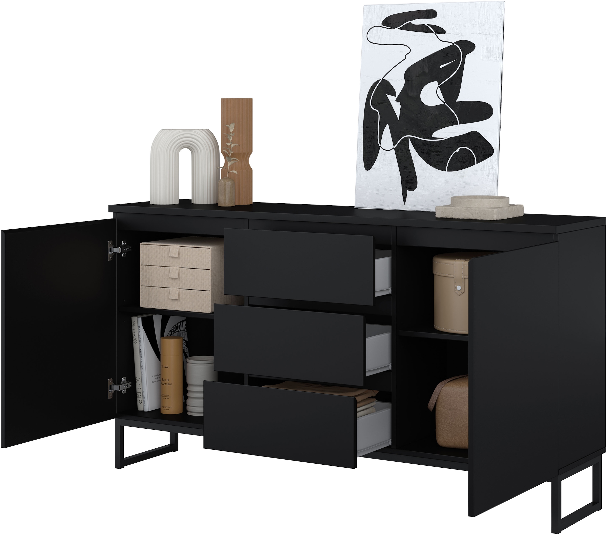 OTTO home Sideboard »Modo II, Breite 150 cm, moderne grifflose Kommode 2Türen/3 SK« Schubladenkommode viel Stauraum, Einlegeböden verstellbar, Metallkufen