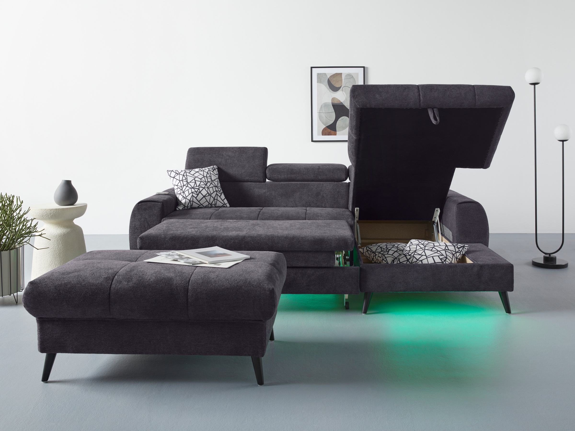 COTTA Ecksofa »Mia L-Form mit 3 Zierkissen«, wahlweise mit Bettfunktion, Bettkasten, Beleuchtung & Wireless-Charger