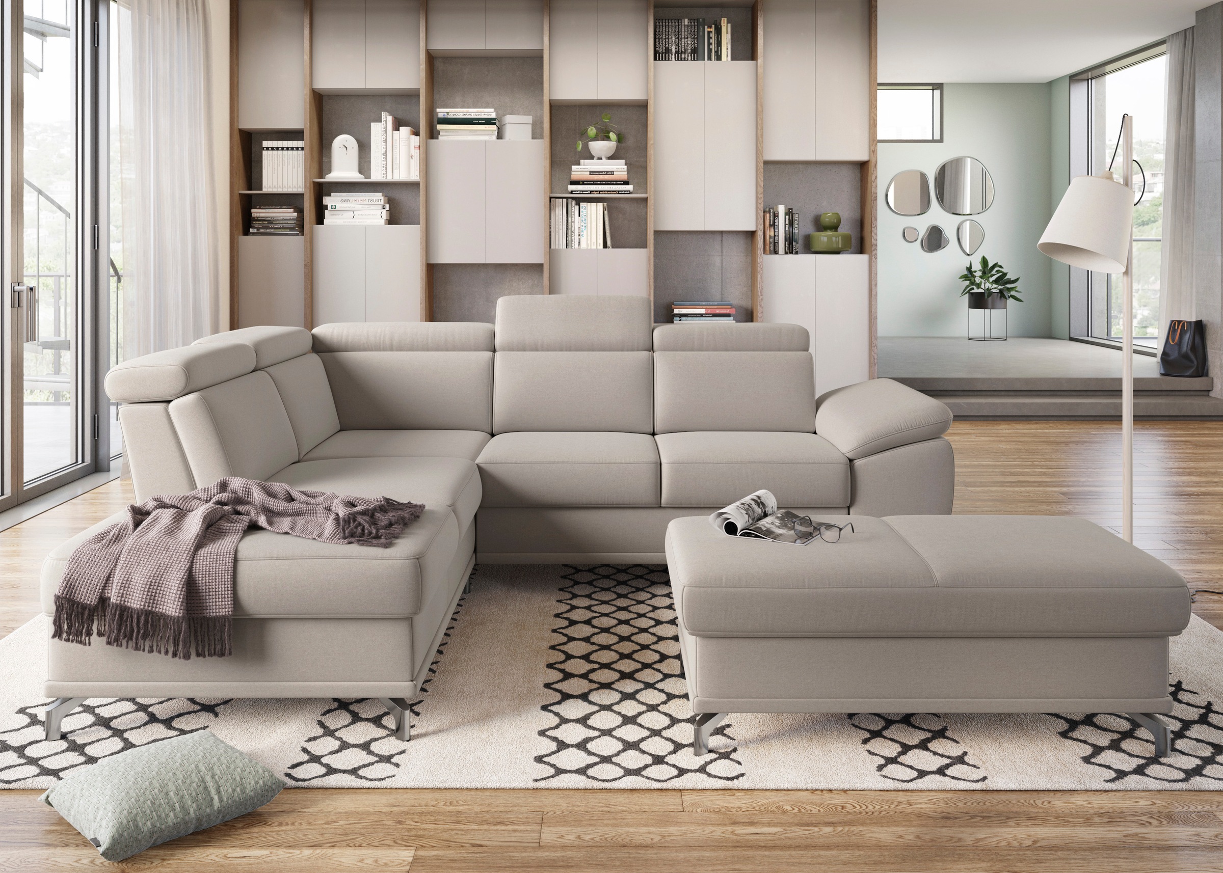 sit&more Ecksofa »Cabrio L-Form, mit Sitztiefenverstellung, Arm- und Kopfteilverstellung«, 3 Nierenkissen, Federkern, optional Bettfunktion und Stauraum