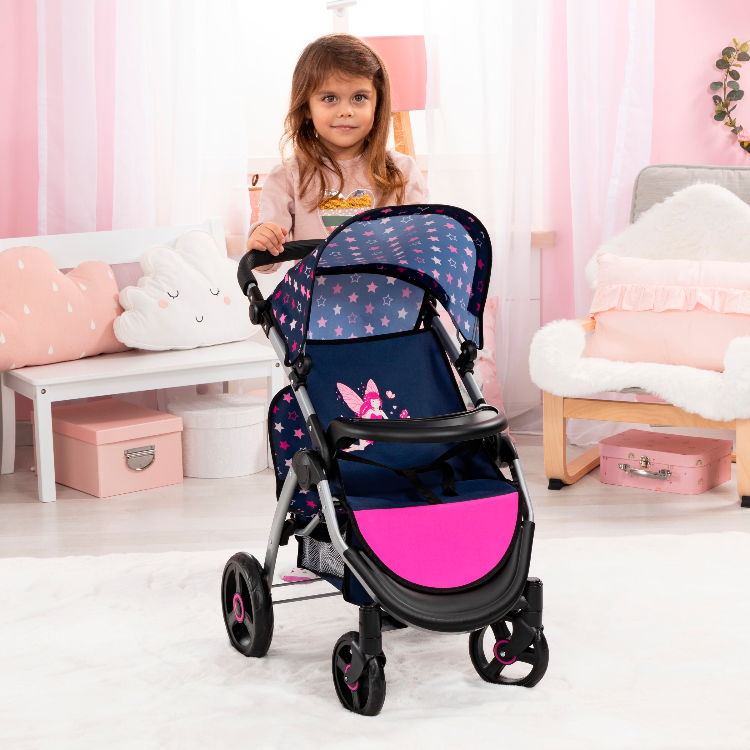 Bayer Puppen-Zwillingsbuggy »Twin Star, blau/pink«, mit Wickeltasche