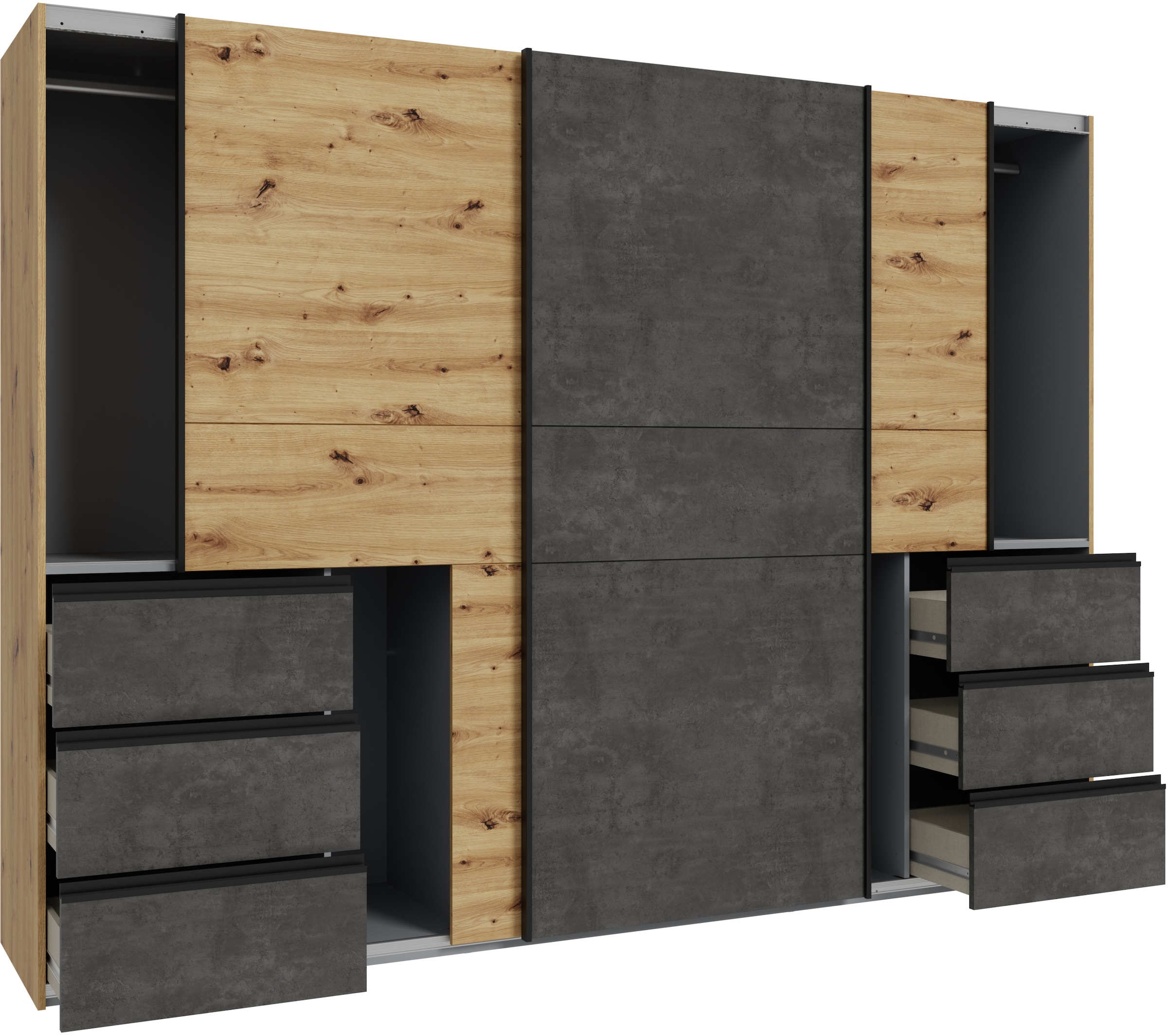 FORTE Schwebetürenschrank, (B/H/T ca. 269,7x200,5x61cm), Schwebetürenschrank, Stauraum, 6 Schubkästen, erhältlich in 2 Dekoren