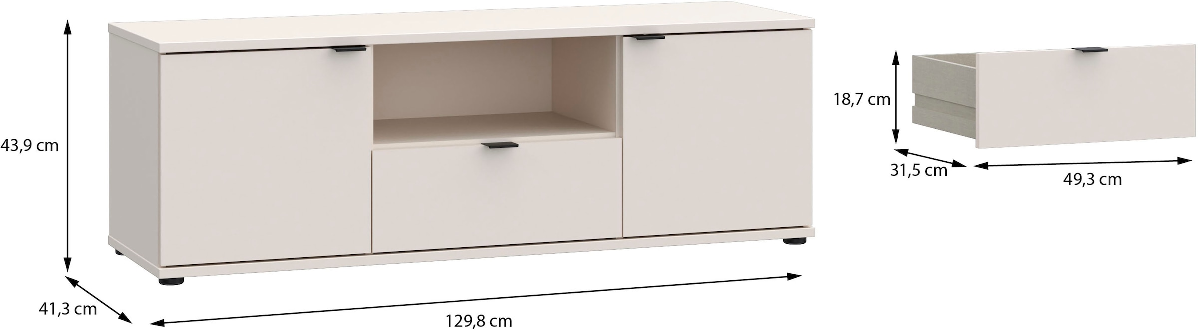 FORTE Lowboard »Ganymede«, (Breite 129,8cm), TV Board, Stauraum, Schublade; Metallgriffe, Kabelführung