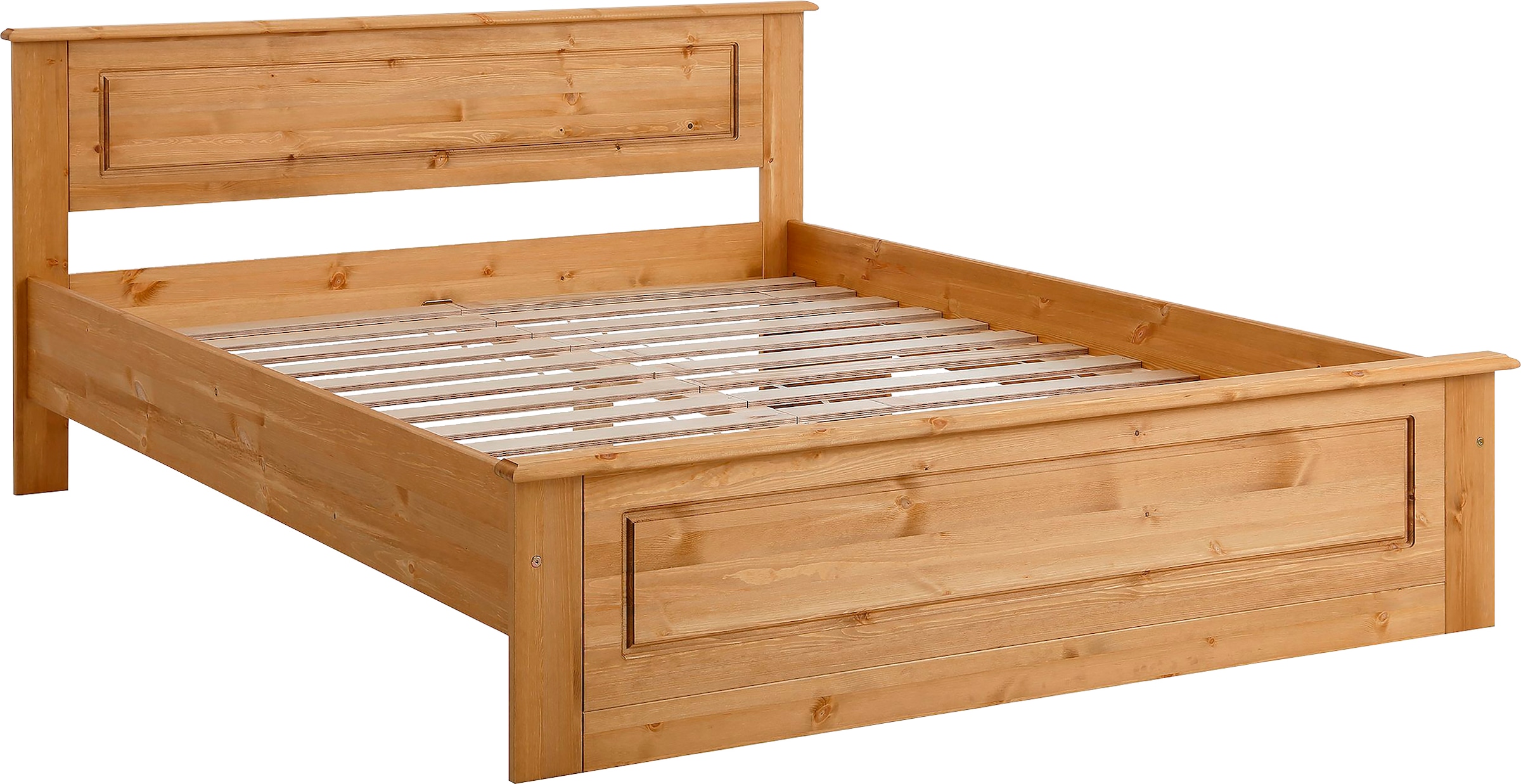 Home affaire Massivholzbett »Madrid, Landhausstil, hohe Belastbarkeit!«, (Breite/Belastbarkeit 180cm/220 KG, 160cm/200 KG, 90cm/=120 KG), aus FSC®-zertifizierter Kiefer, INKLUSIVE Rollrost, Kassettenoptik