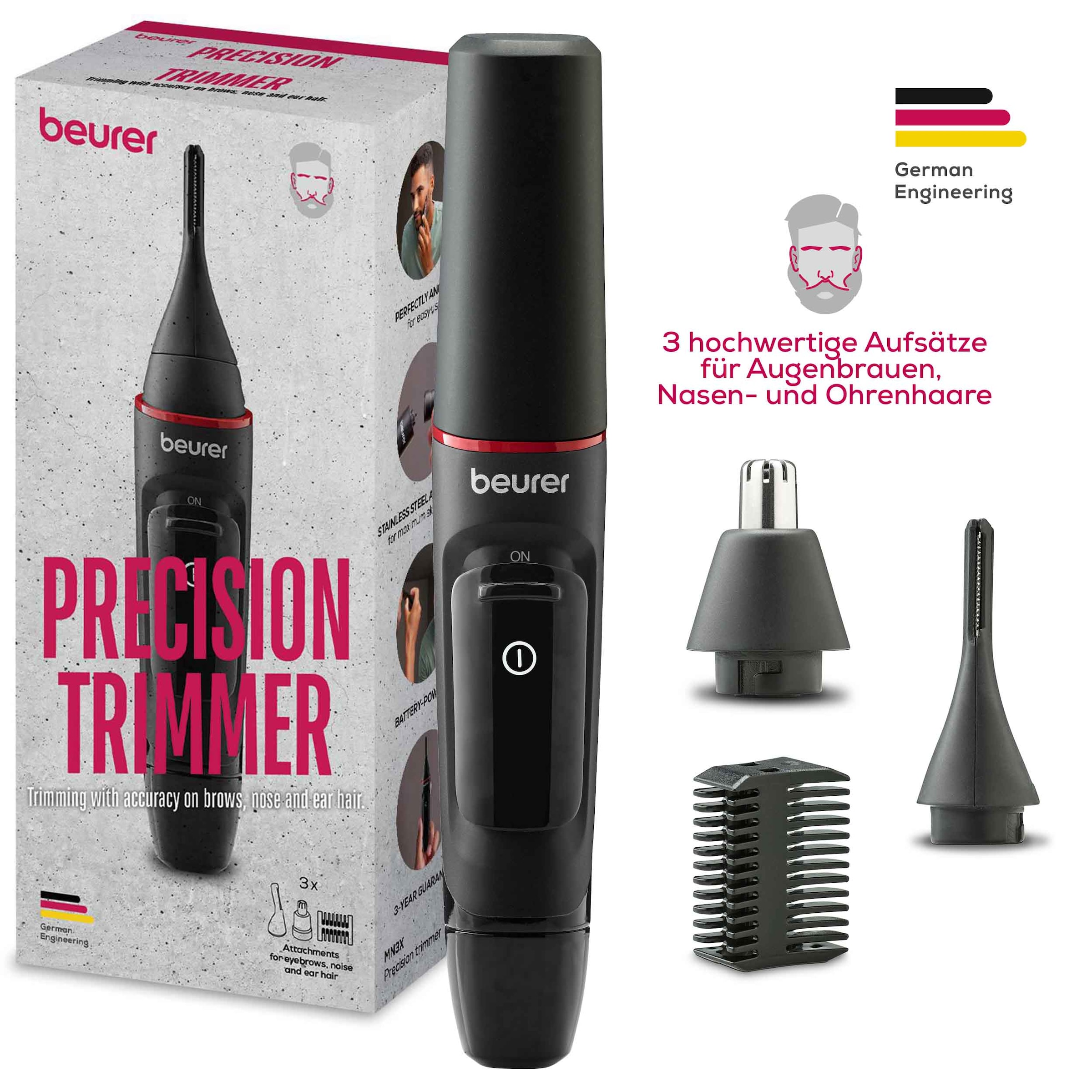 BEURER Nasen- und Ohrhaartrimmer »MN3X, Präzisionstrimmer für Augenbrauen, Nasen- sowie Ohrhaare«, 3 Aufsätze, Mit 2 Aufsätzen und extra Kammaufsatz mit 3 und 6 mm