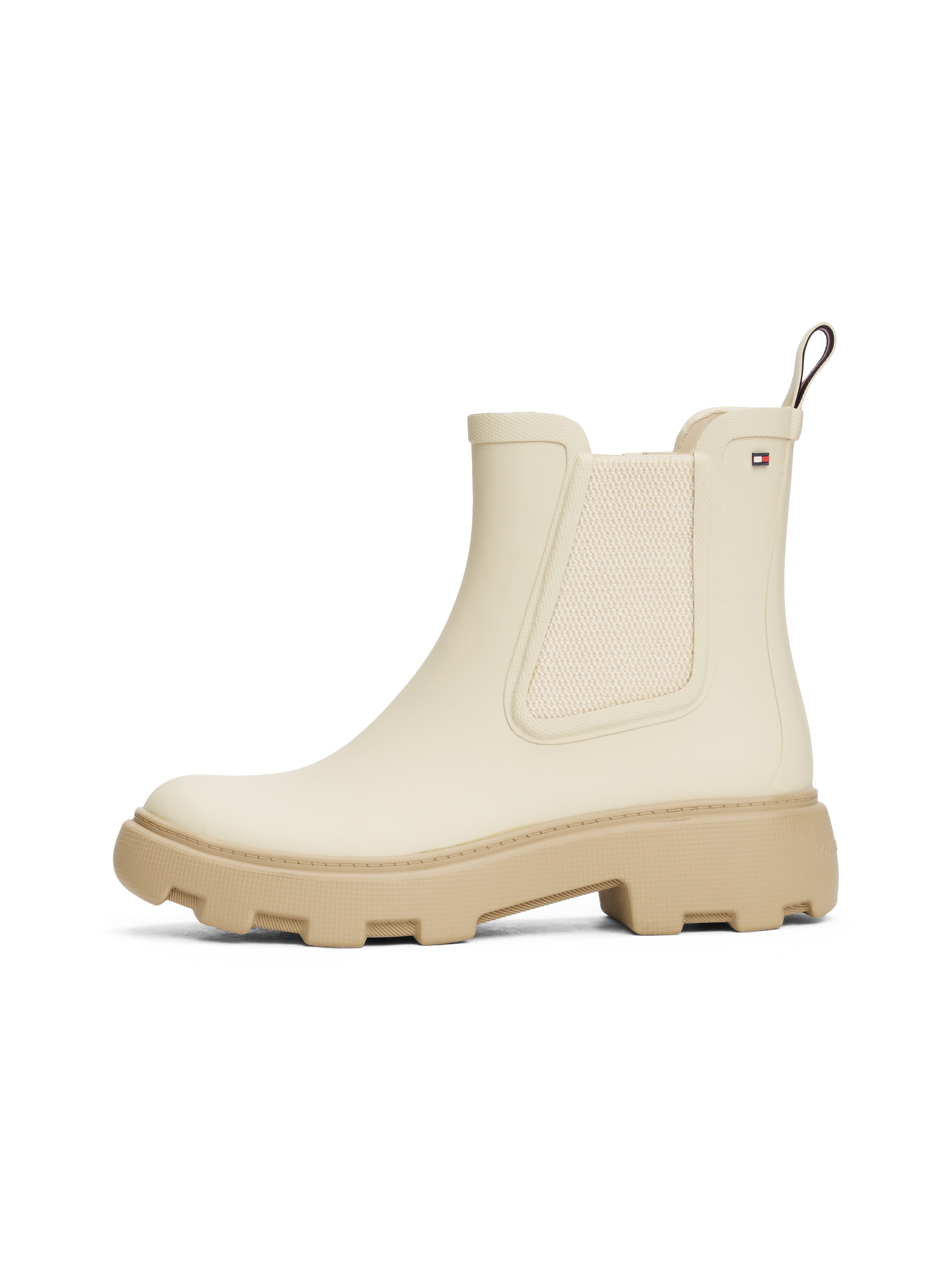 Tommy Hilfiger Chelseaboots »RUBBER FLAG CLEATED RAINBOOT«, Blockabsatz, Schlupfboots, Gummistiefel, beidseitiger Stretcheinsatz