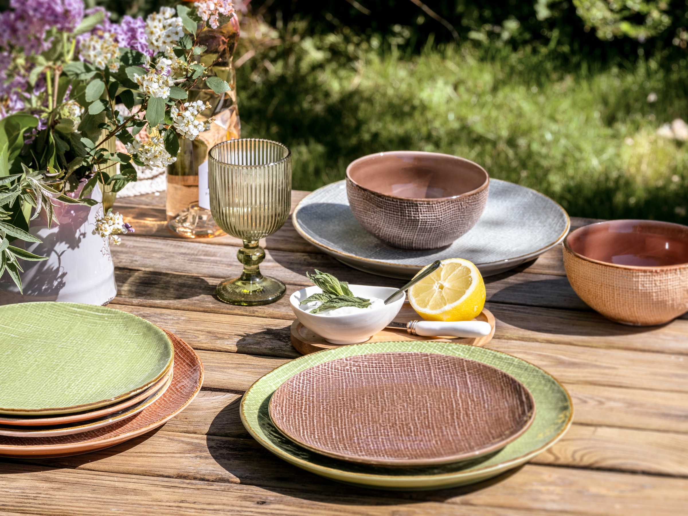 CreaTable Kombiservice »Geschirr-Set Canvas«, (Set, 16 tlg., Kaffeeservice und Tafelservice im Set, für 4 Personen), Service, Leinenstruktur, mediterrane Farben, 16 Teile, für 4 Personen