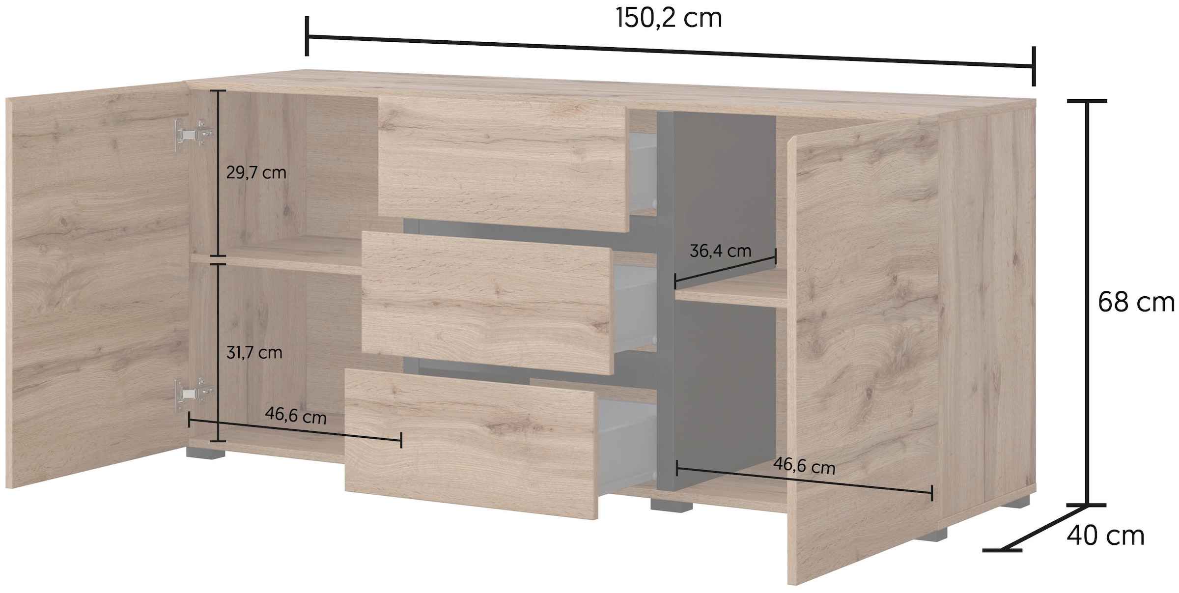INOSIGN Sideboard »Cross, Breite 150 cm, moderne grifflose Kommode, 2Türen/3 Schubkästen«, Schubladenkommode mit viel Stauraum, Einlegeböden verstellbar