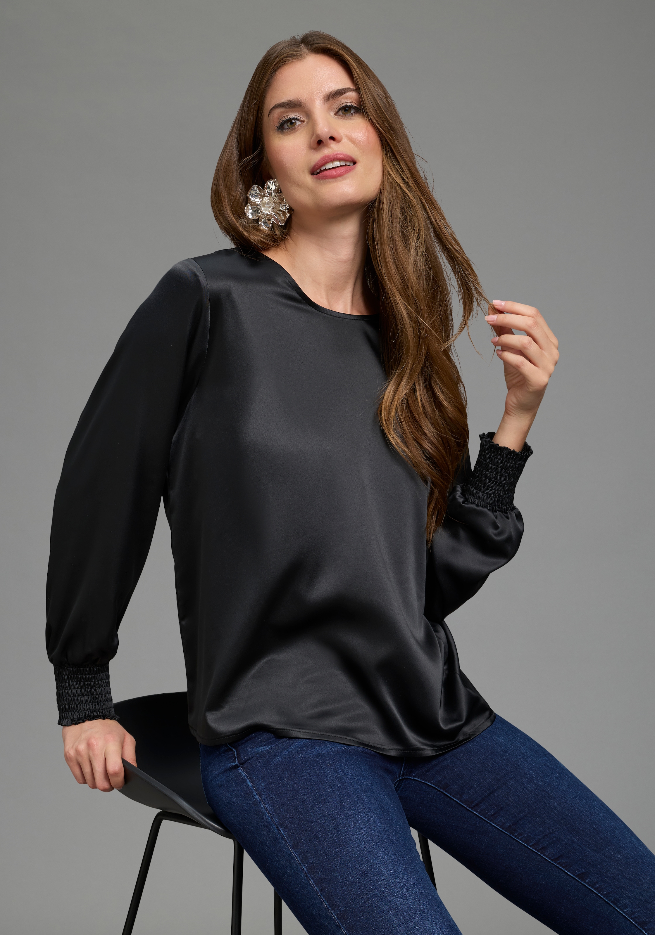 Laura Scott Schlupfbluse Festliche Satin-Bluse, Elastikbündchen am Ärmel, glänzender Stoff