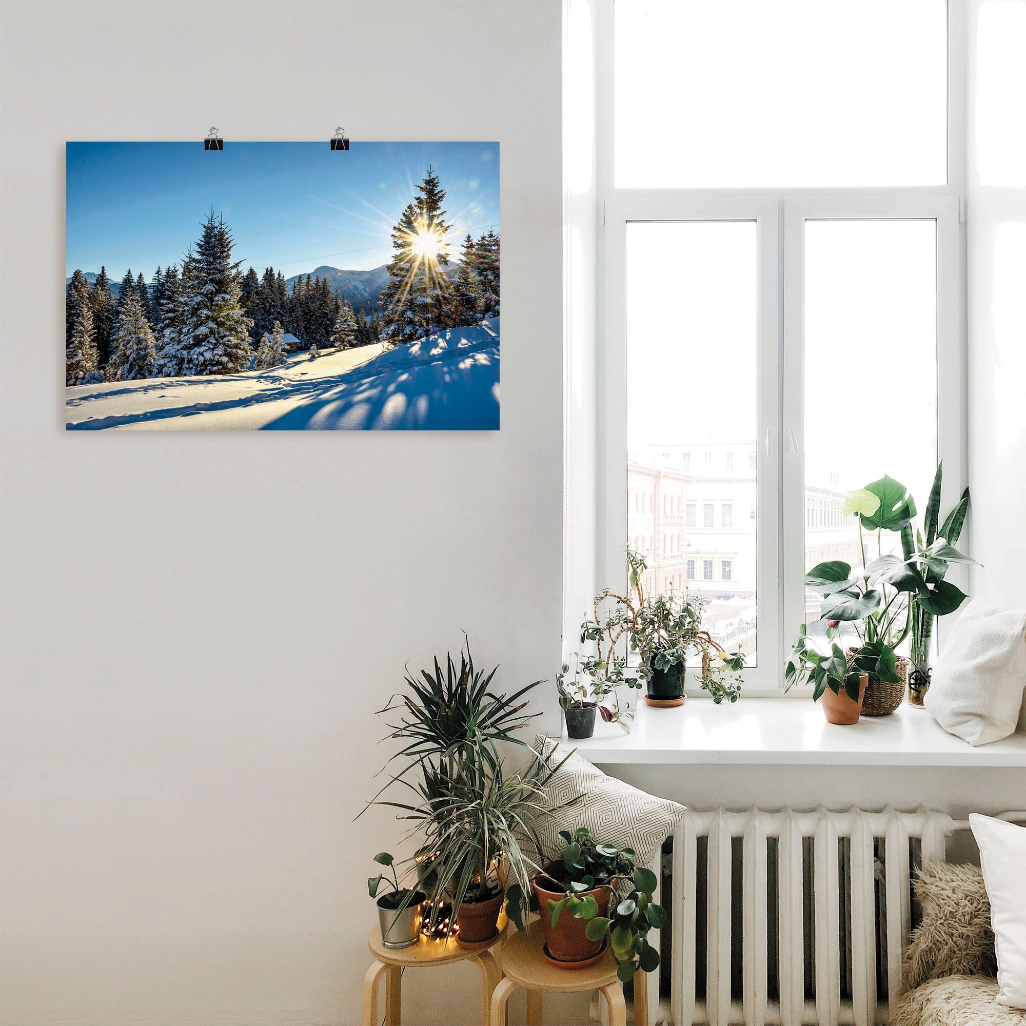 Artland Poster »Winterlandschaft mit Sonnenstern«, Berge, (1 St.), als Alubild, Leinwandbild, Wandaufkleber oder Poster in versch. Größen