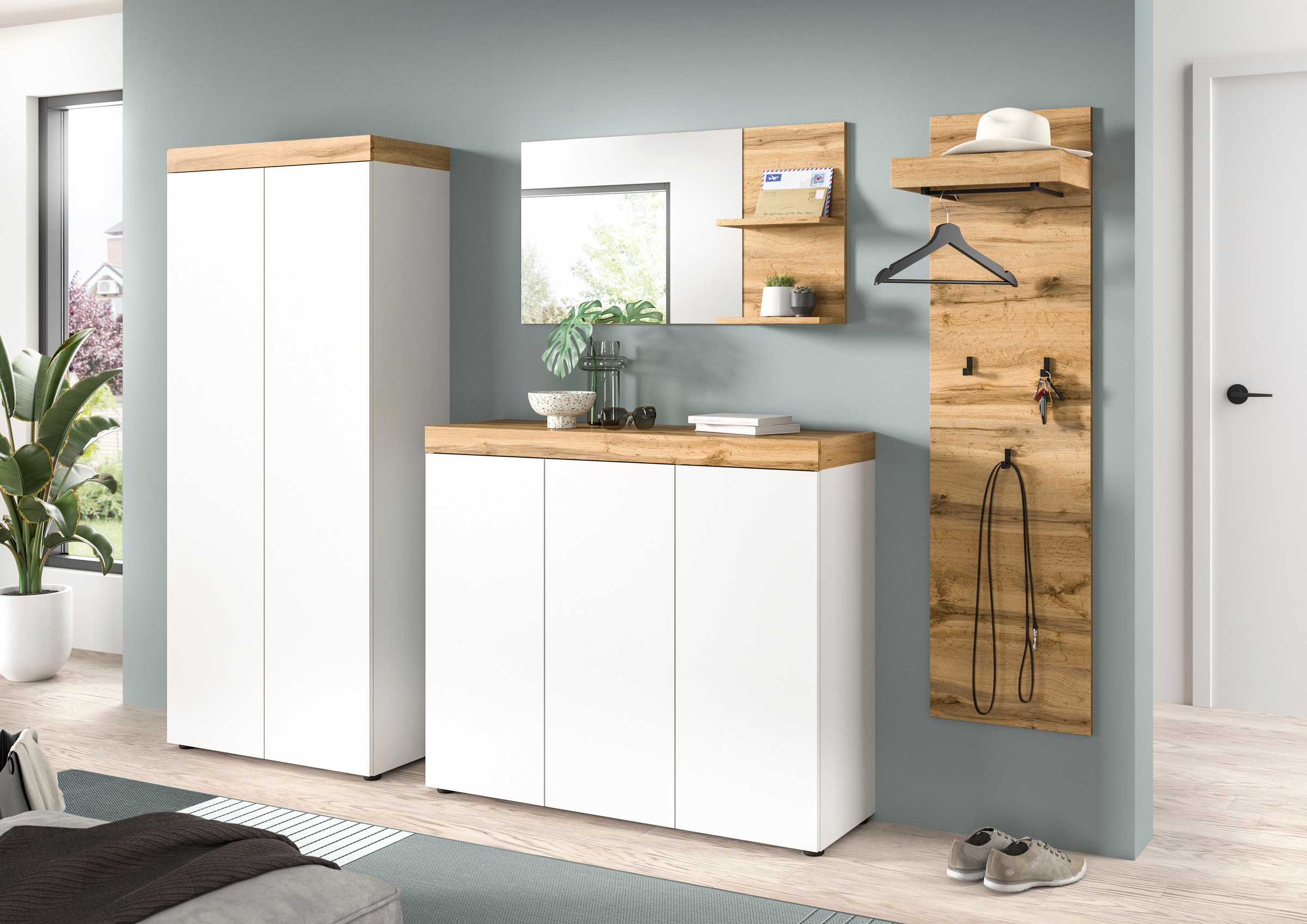 OTTO home Garderoben-Set »MAMBO, TOPSELLER!, 3-teilige Kombination, stehend & hängend montierbar« bestehend aus: Kommode, Spiegel, Garderobenpaneel, 3 Stk. tlg.