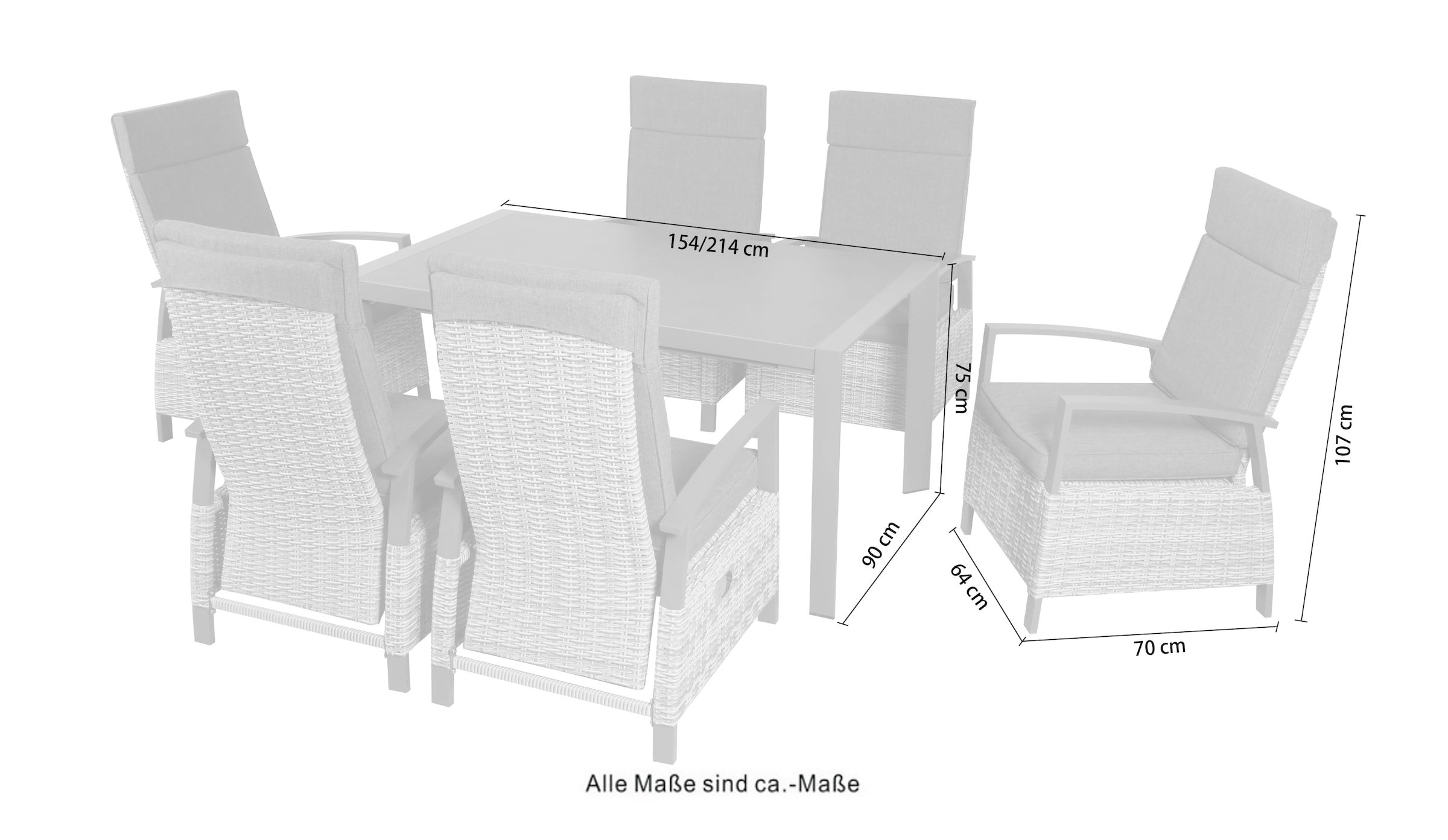 KONIFERA Garten-Essgruppe »Menton« Set, 6x Stuhl, 6x Auflage, 1x AZ-Tisch, 13 tlg. bestehend aus 6 Sesseln mit 6 Sitzauflagen und 1 Tisch