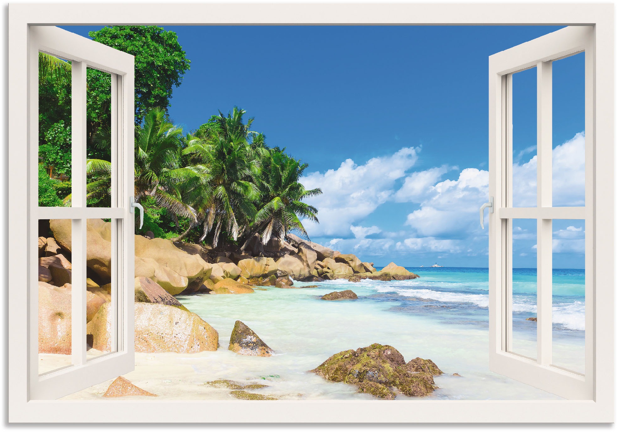 Artland Wandbild "Küste mit Palmen durchs Fenster", Karibikbilder, (1 St.), günstig online kaufen