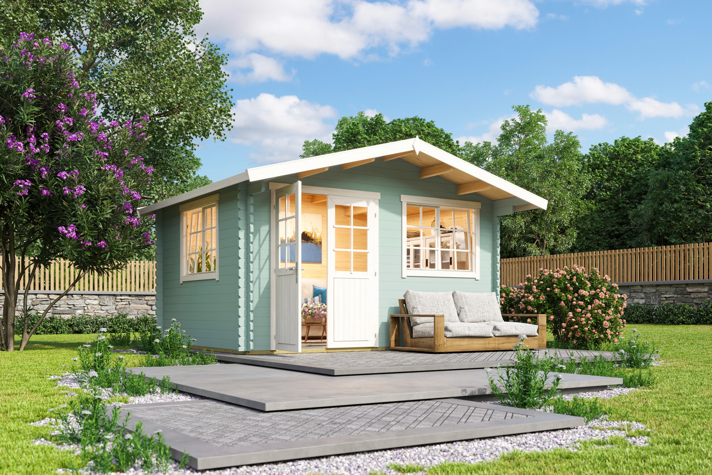 LASITA MAJA Gartenhaus »Norderney 2«, Blockbohlenhaus 40 mm, Fundamentmass 3900 x 3000, Gletchergrün