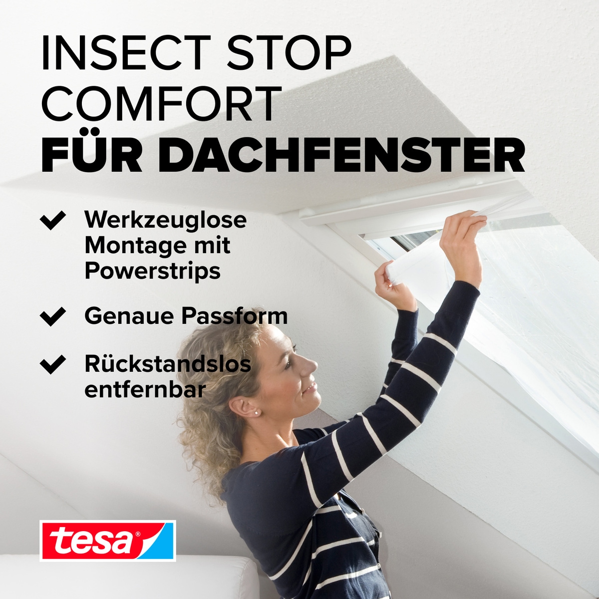 tesa Insektenschutz-Fensterrahmen »Insect Stop Comfort Fliegengitter für Fenster - 1.2 m : 1.4 m« Packung, Fliegennetz, Klettband, 1 Stk. tlg. Insektenschutzgitter für  Dachfenster - individuell zuschneidbar -weiß
