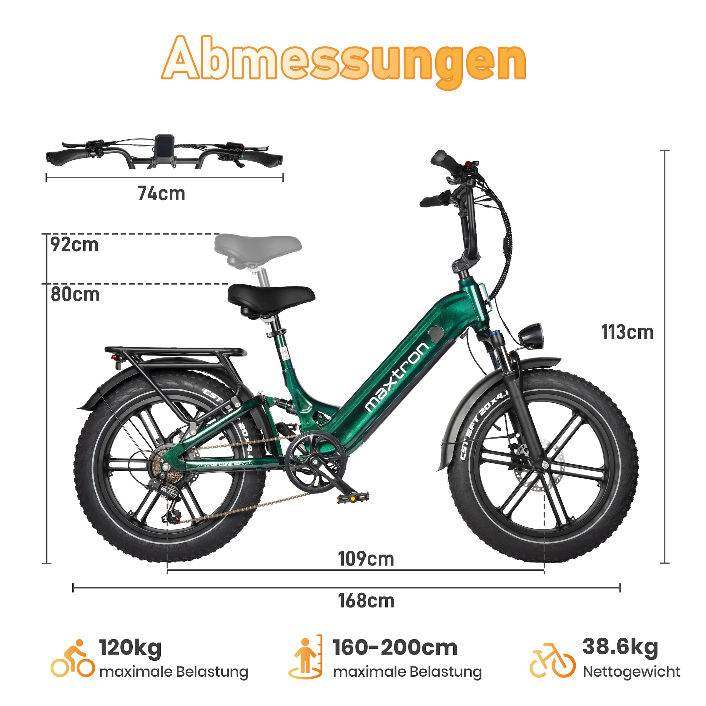 Maxtron »Maxtron Camel E-Bike compactbike« 7 Gang Shimano Kettenschaltung Heckmotor 500 W Packung,  20-Zoll-Fettreifenfahrrad mit Vorder- und Hinterradfederung