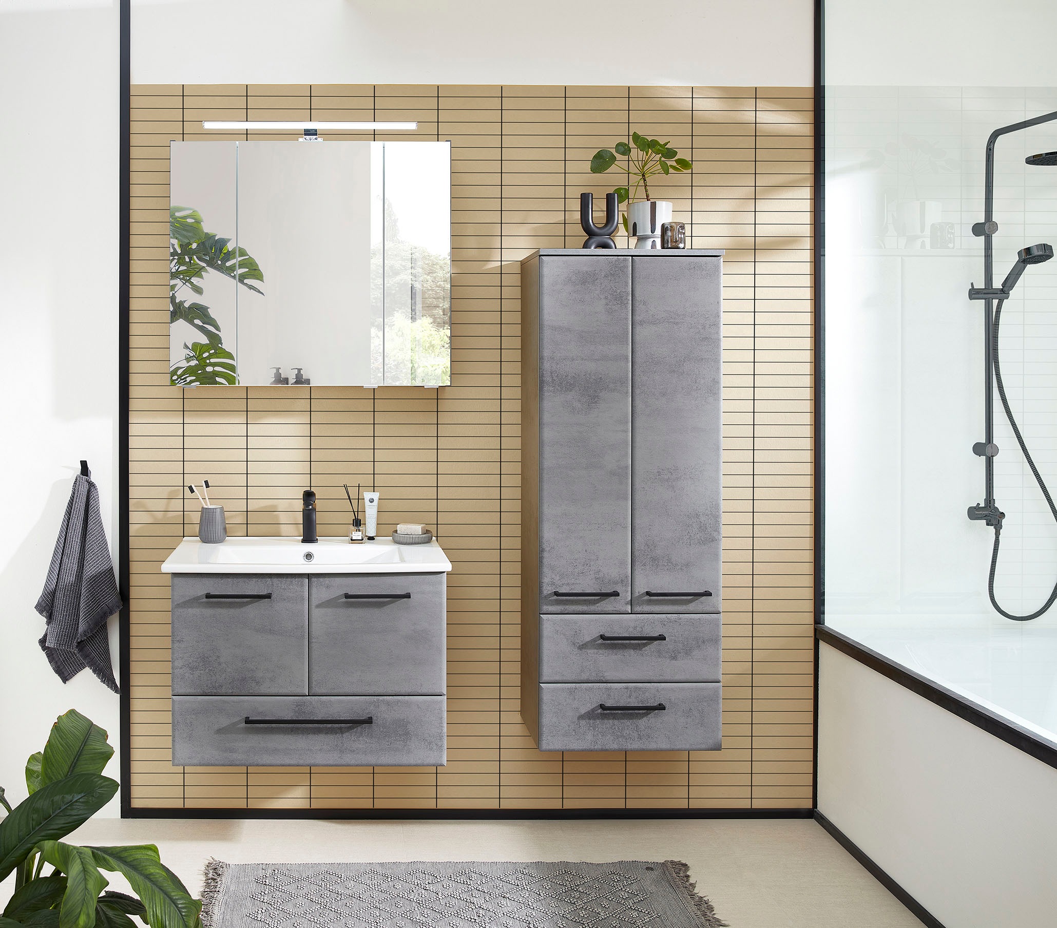 Saphir Badmöbel-Set »Quickset 945 3-teilig, Keramik-Waschtisch mit LED-Spiegelschrank«, (4 St.), Midischrank, 7 Türen, 3 Schubladen, 8 Einlegeböden, inkl. Türdämpfer