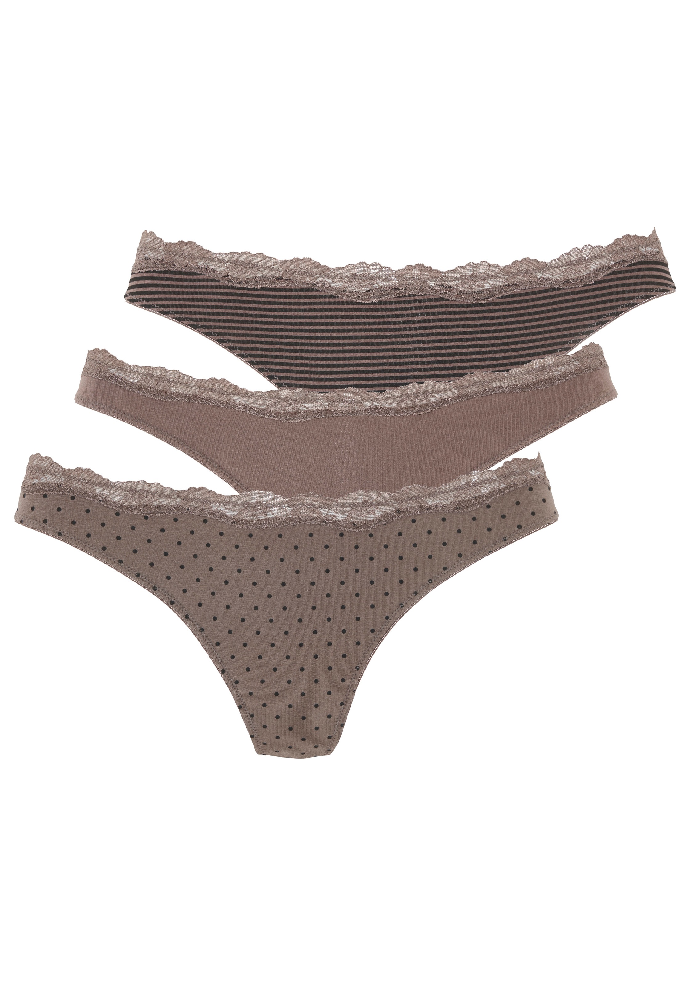 LASCANA String 3er-Pack,  aus elastischer Baumwolle mit zarter Spitze