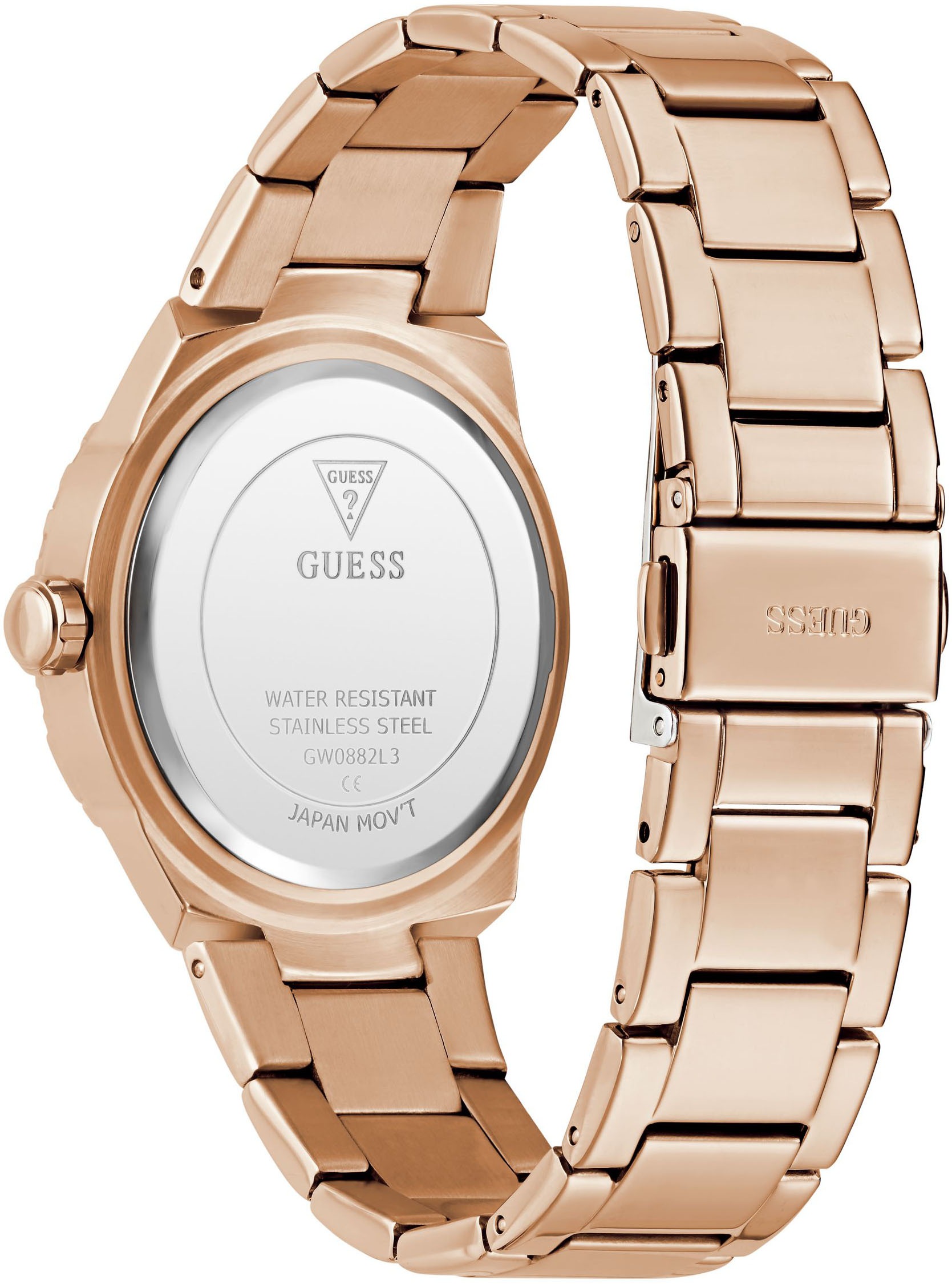 Guess Quarzuhr »SANGRIA«, Armbanduhr, Damenuhr, Edelstahlarmband