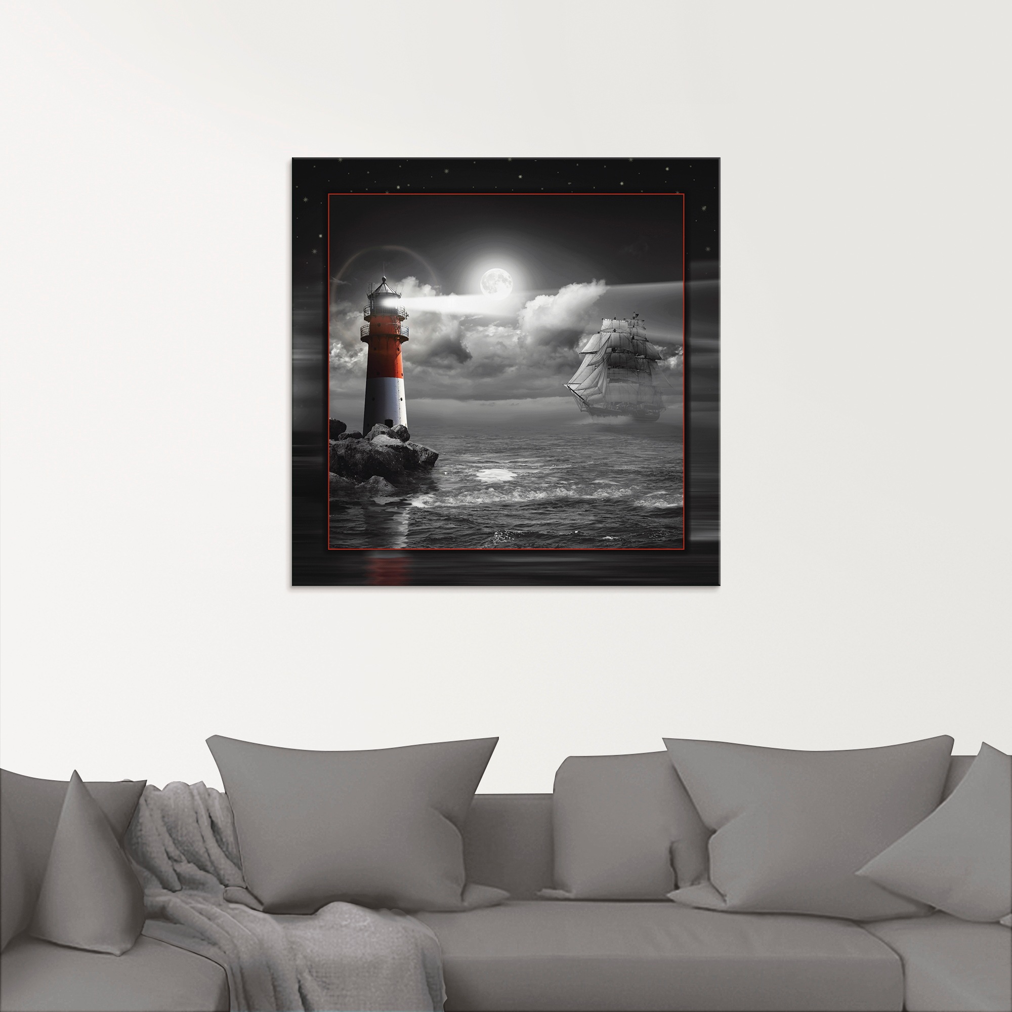 Artland Glasbild »Leuchtturm und Segelschiff im Mondschein«, Küste, (1 St.), in verschiedenen Größen