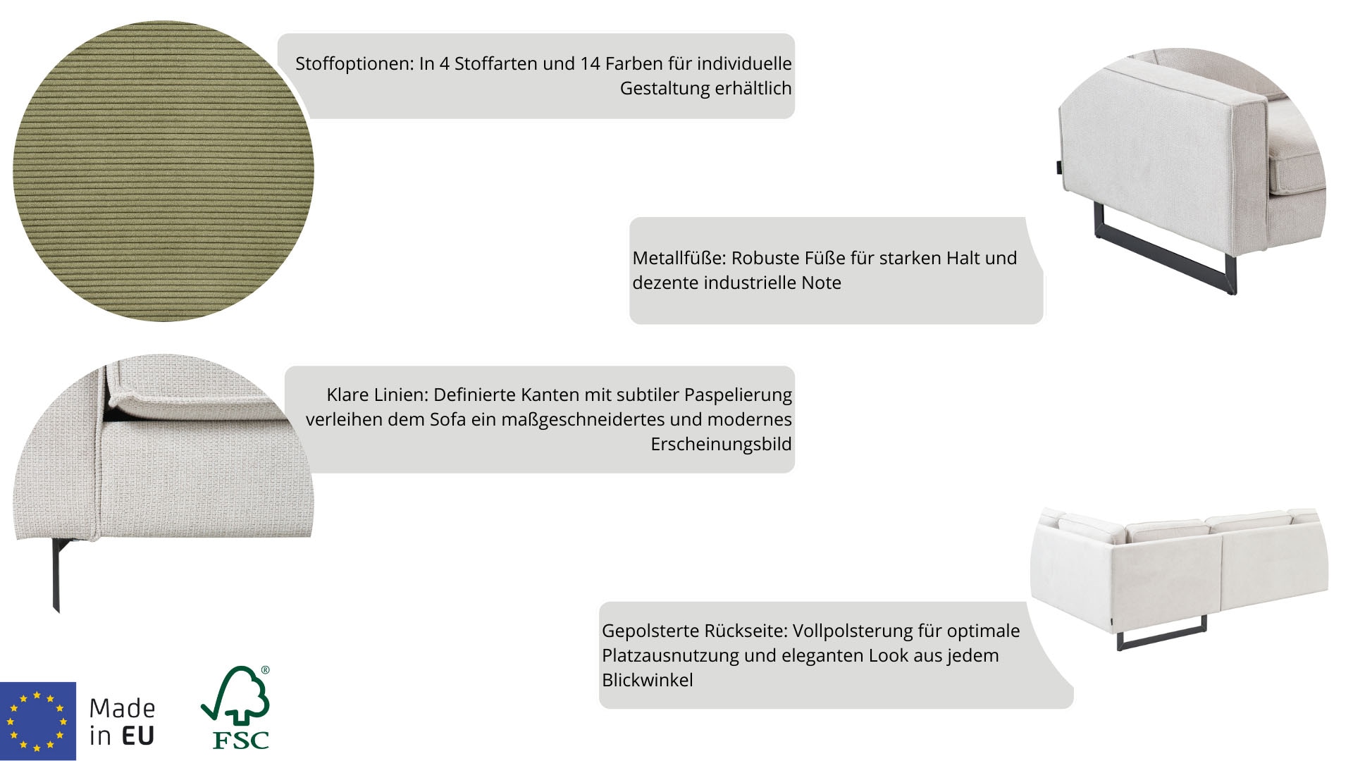 PLACES OF STYLE Ecksofa »Pinto, XXL, 250/290 cm, langer Schenkel, Ottomane« Cord, Chenille, Lederoptik, mit Keder, Metallfüße, Wellenunterfederung