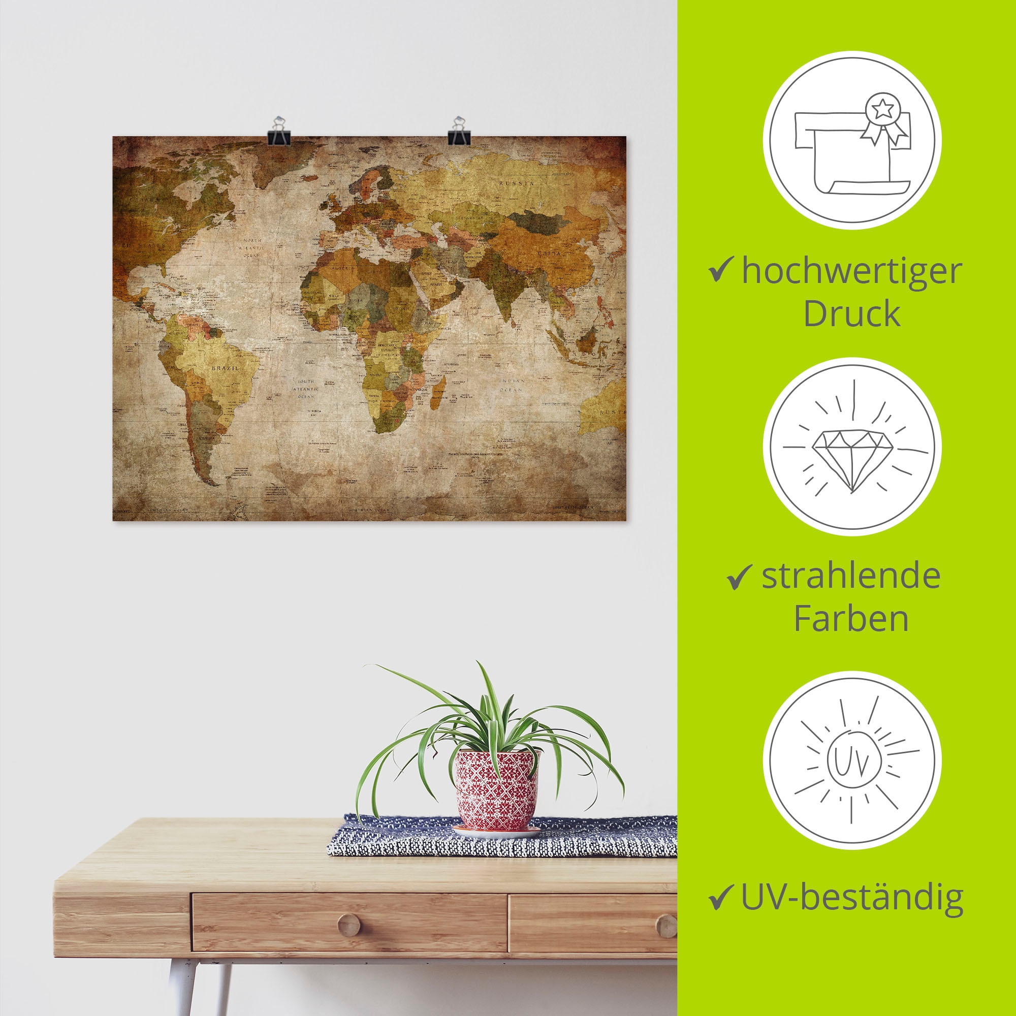 Artland Wandbild »Weltkarte«, Landkarten, (1 St.), als Alubild, Outdoorbild, Leinwandbild, Poster, Wandaufkleber