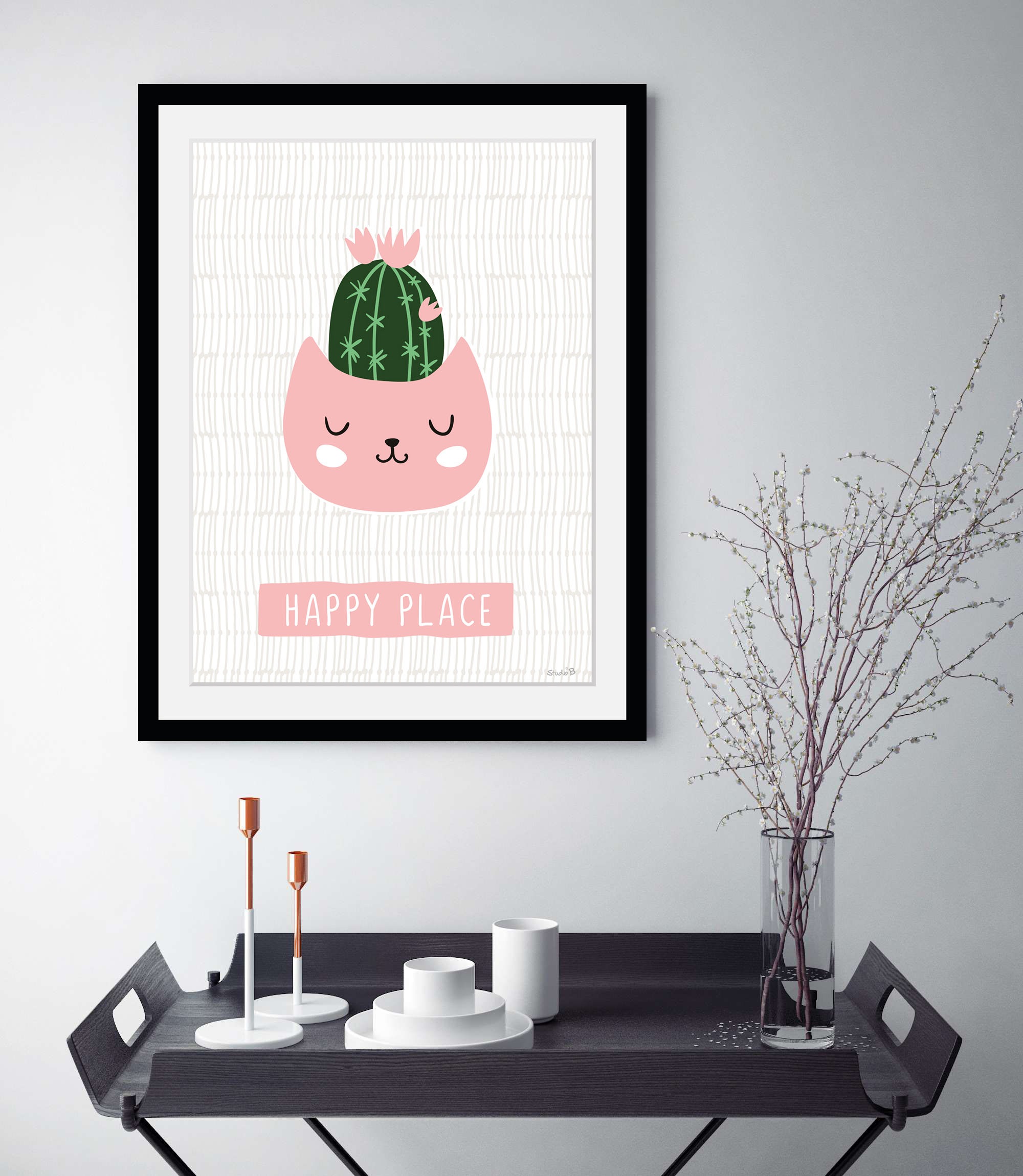 queence Bild »HAPPY PLACE«, Pflanzen-Pflanzenbilder-Schriftzug-Katze-Katzen günstig online kaufen