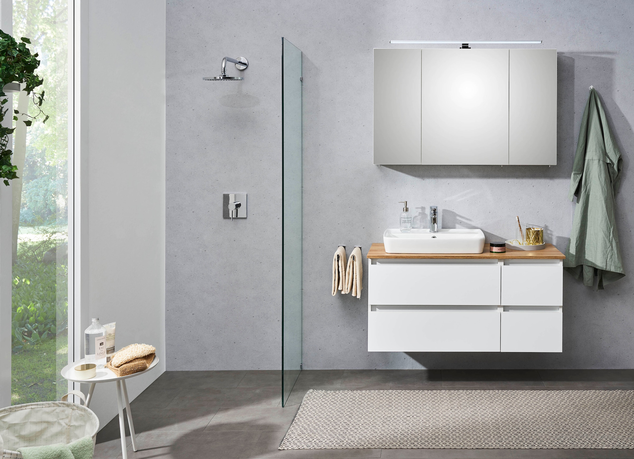 Saphir Badmöbel-Set »Quickset 360 2-teilig, Keramik-Aufsatzbecken mit LED-Spiegelschrank«, (2 St.), Waschtischplatte, 115 cm breit, Weiß Glanz, 3 Türen, 4 Schubladen