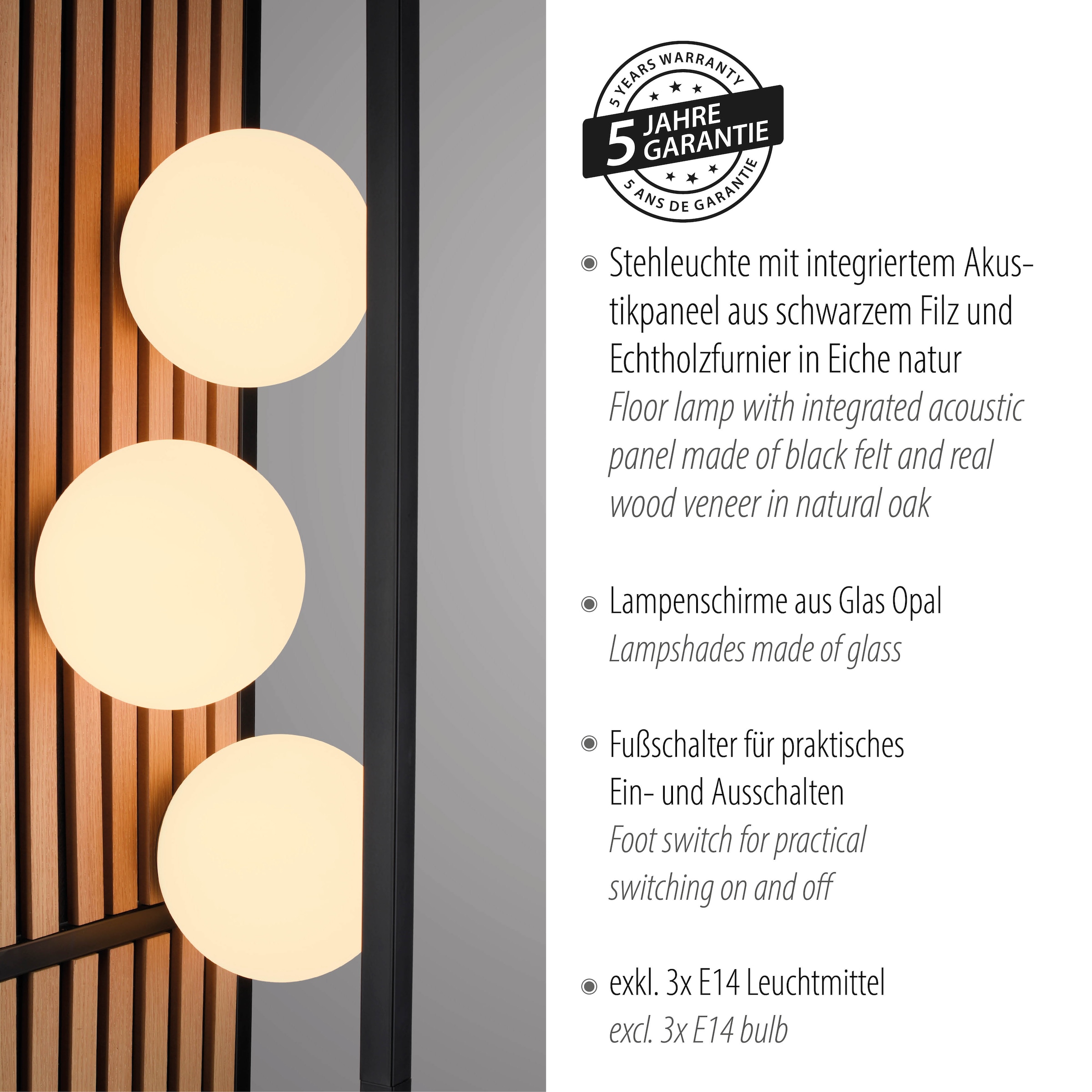 Leonique Stehlampe »Erinette Akustikpaneele mit Glaskugeln«, 3 flammig, Leuchtmittel E14 | ohne Leuchtmittel-Leuchtmittel wechselbar, Holz, Akustik, Paneele, Glas, opal matt weiß, Stehleuchte, Fußschalter