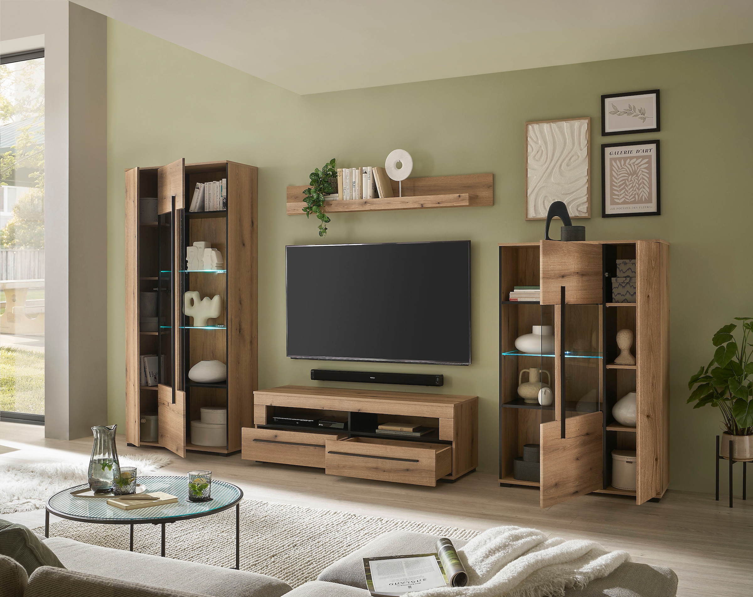 INOSIGN Wohnwand »Cantara, moderne Anbauwand, Wohnzimmer-Set, in Eiche Evoke oder Weiß«, (Set), enthält zwei Vitrinen, ein Lowboard und ein Wandboard