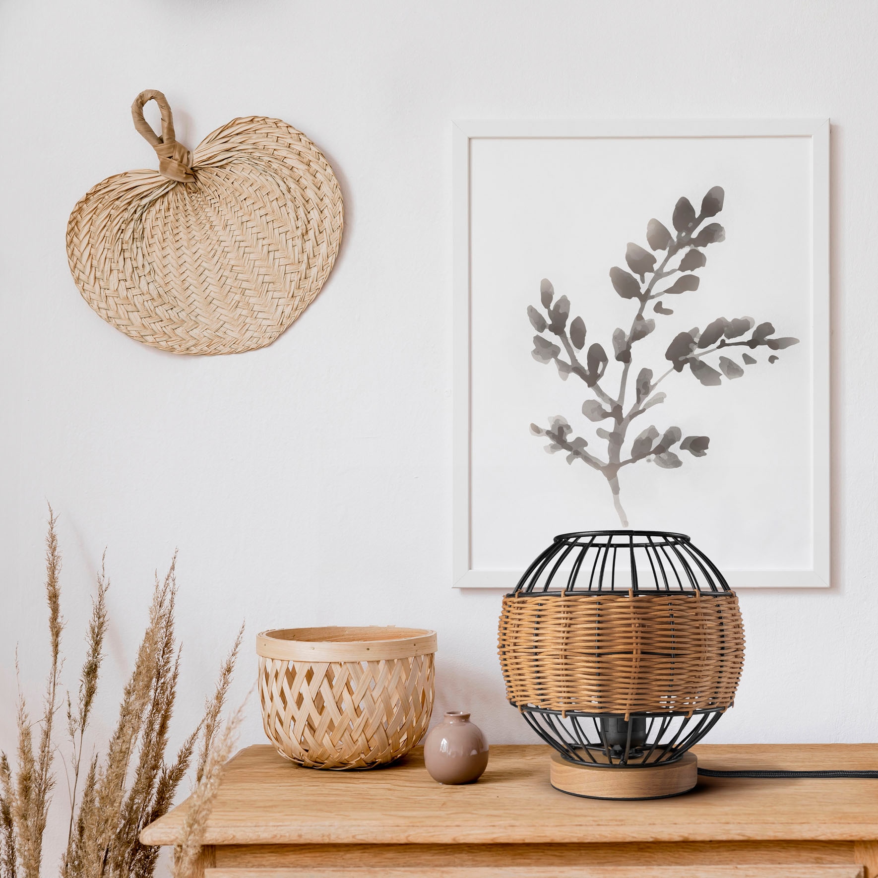 Paco Home Tischleuchte »PUGLO«, Leuchtmittel E27 | ohne Leuchtmittel, Rattan Schreib LED Rustikal Boho Holz E27