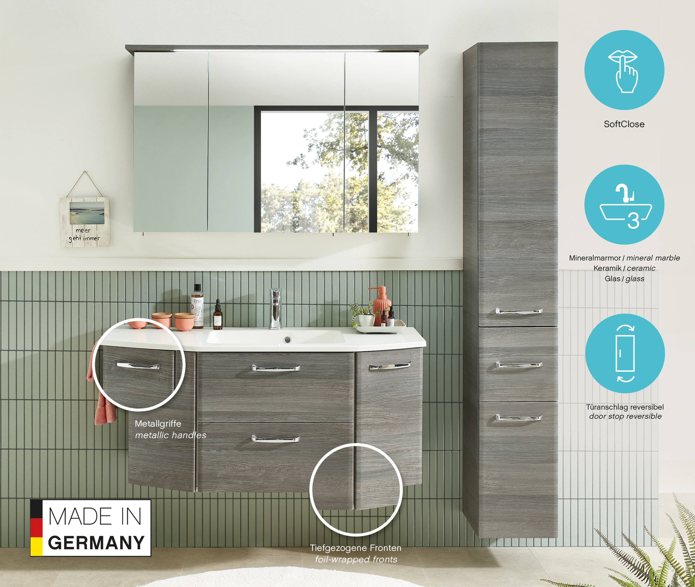 Saphir Badmöbel-Set »Quickset 3-teilig, Mineralmarmor-Waschtisch und LED-Spiegelschrank« 4 Stk. tlg.