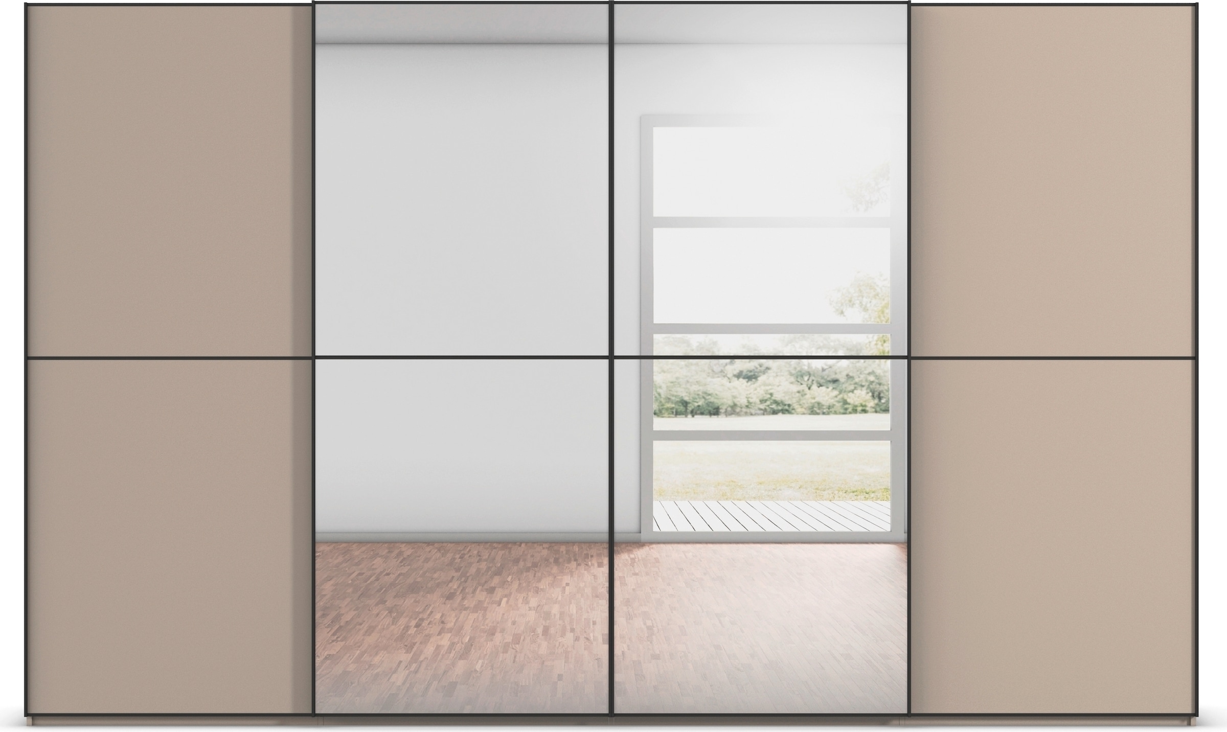 rauch Schwebetürenschrank »Kleiderschrank Schrank Garderobe Schlafzimmerschrank SCALE-DUO«, edle zweigeteilte Türen, Spiegel und 3 Zierleisten MADE IN GERMANY