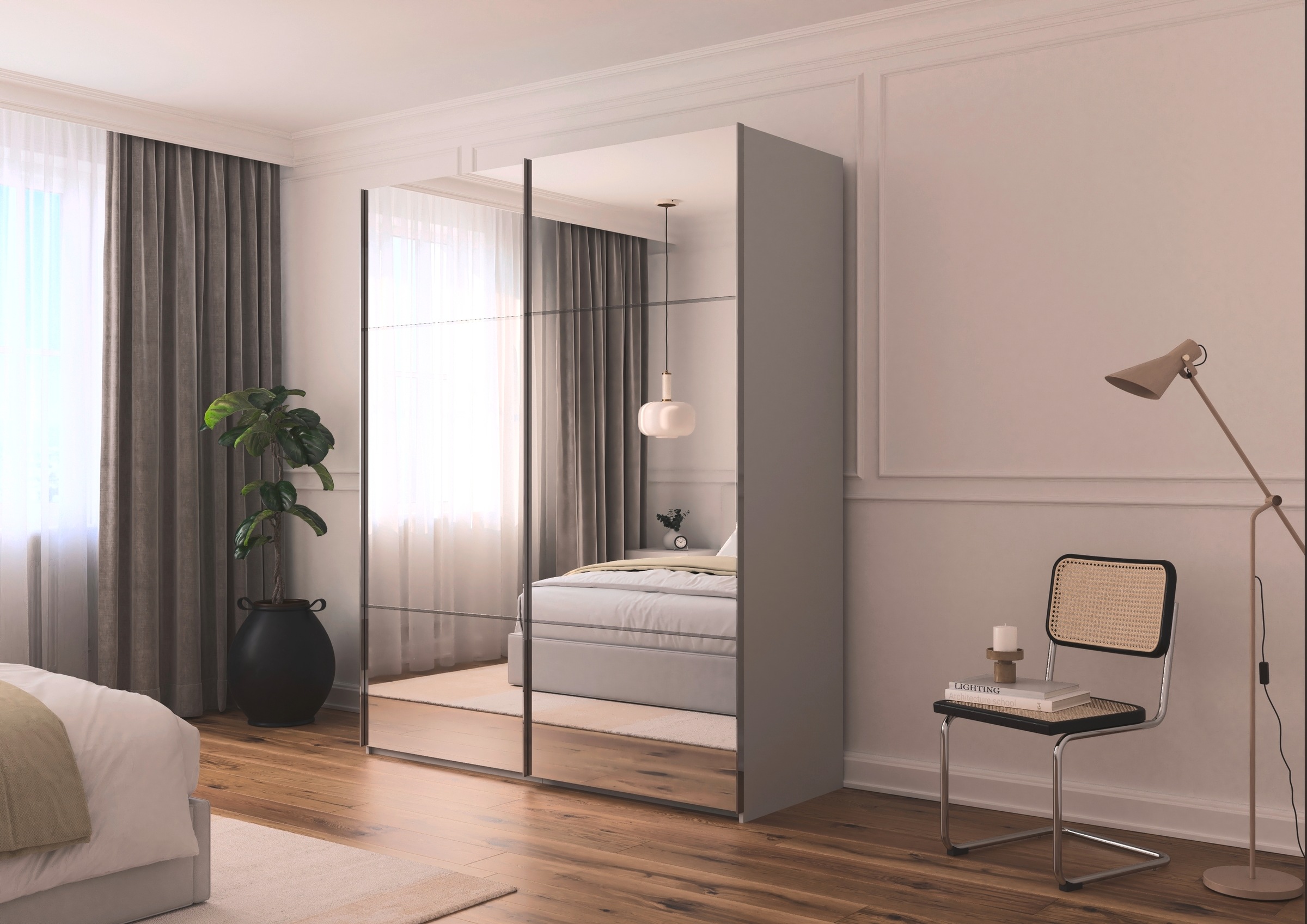 rauch Schwebetürenschrank »Kleiderschrank Schrank Garderobe Schlafzimmerschrank SCALE-TRIO«, edle dreigeteilte Front mit 2 Zierleisten Spiegelfront MADE IN GERMANY